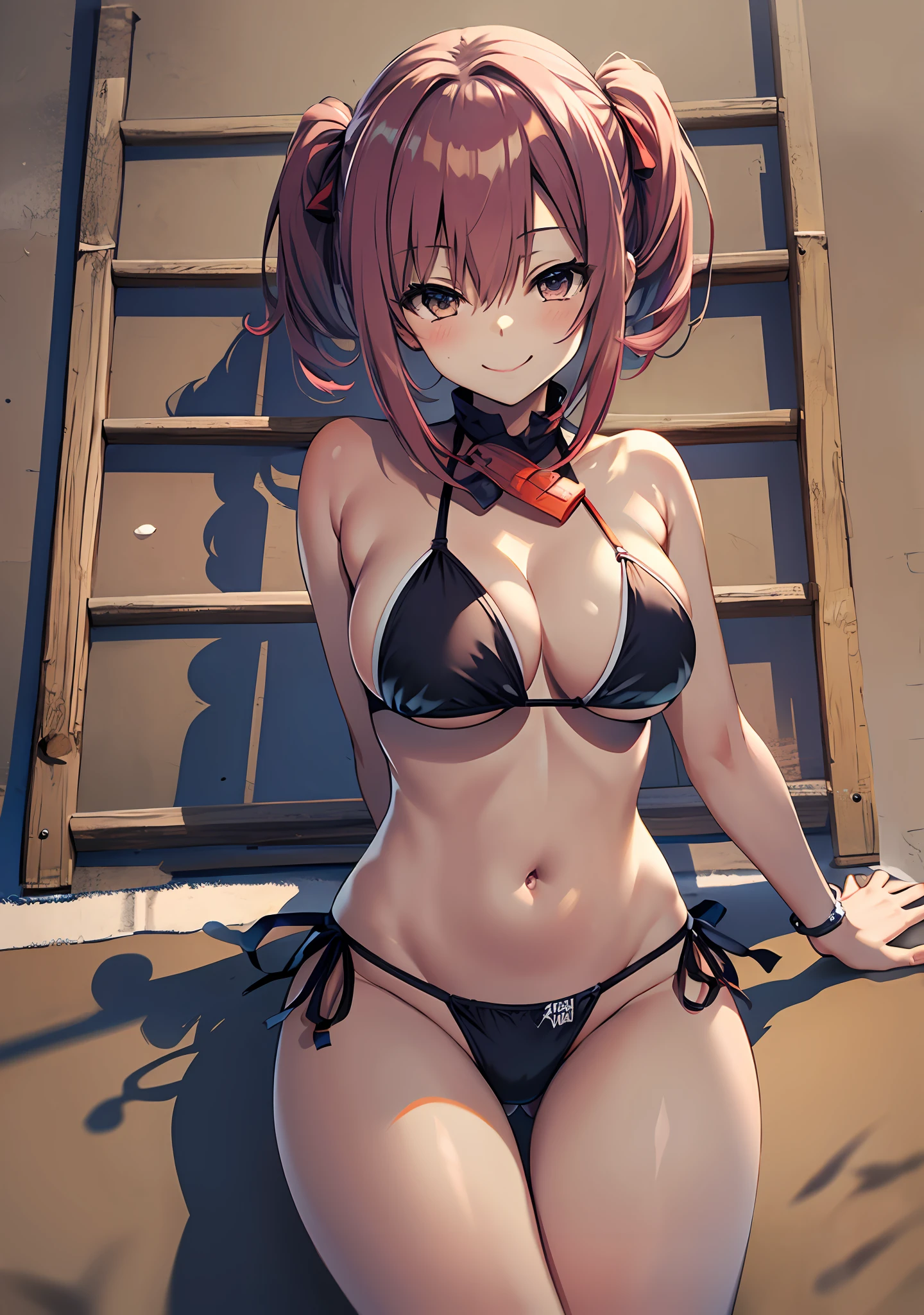 Masterpiece, high quality, best lighting, 1girl, amasawa ichika, short hair, red hair, twintails, ((bikini)), bikini mini, big breast, big thigh, smile, blush, cute face, sitting, perfect body, sexy, looking at viewer, in the beach, nsfw