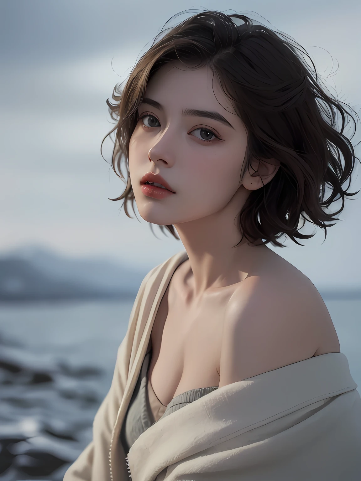 Best quality, masterpiece, ultra high res, (photorealistic:1.5), raw photo, 1girl, offshoulder, in the dark, deep shadow, low key, cold light, sexy look, short hair