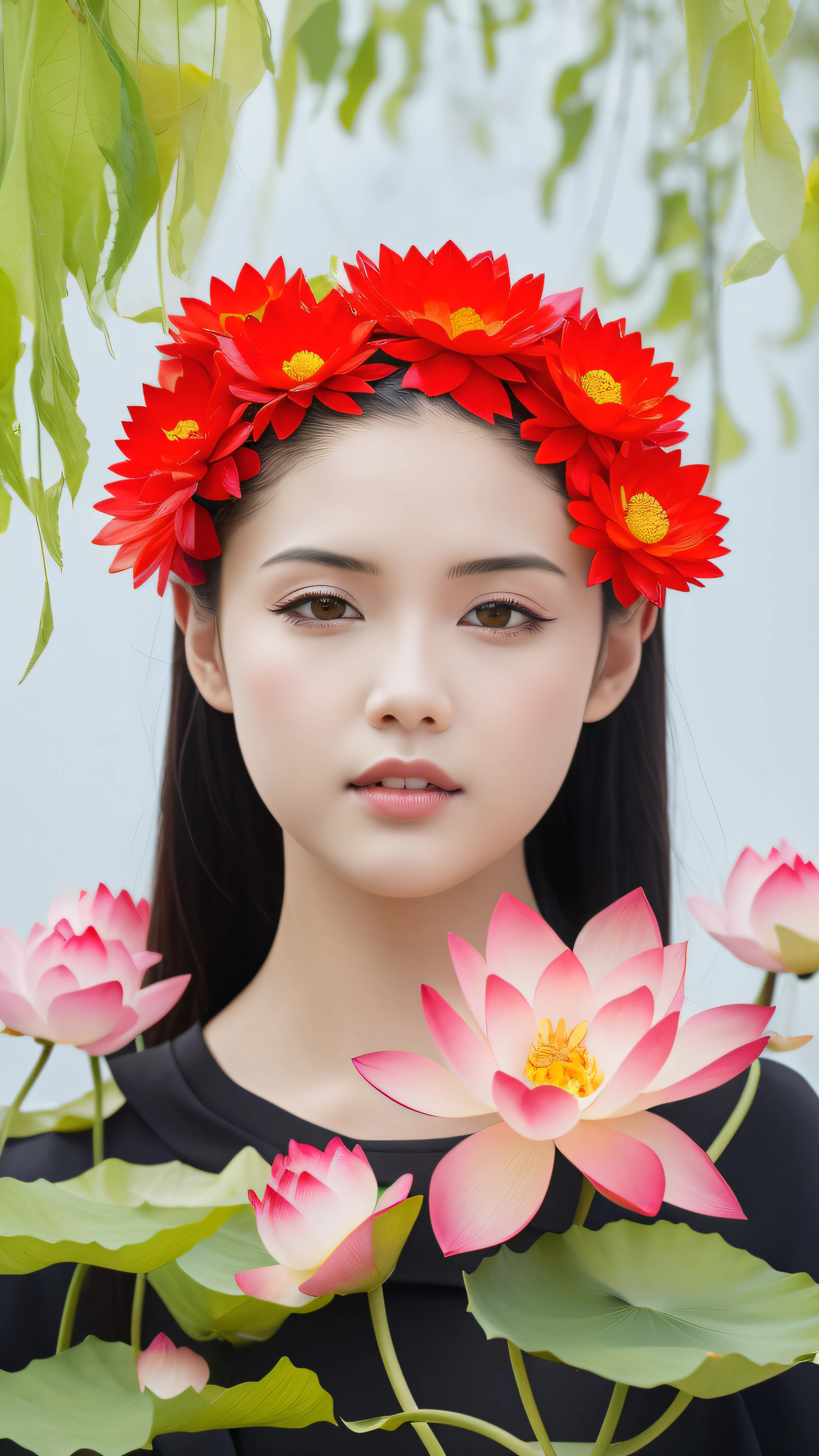 lotuses，Lotus leaf，A huge amount of willow leaves hang down，A maiden with a garland on her head，Illustration style， background