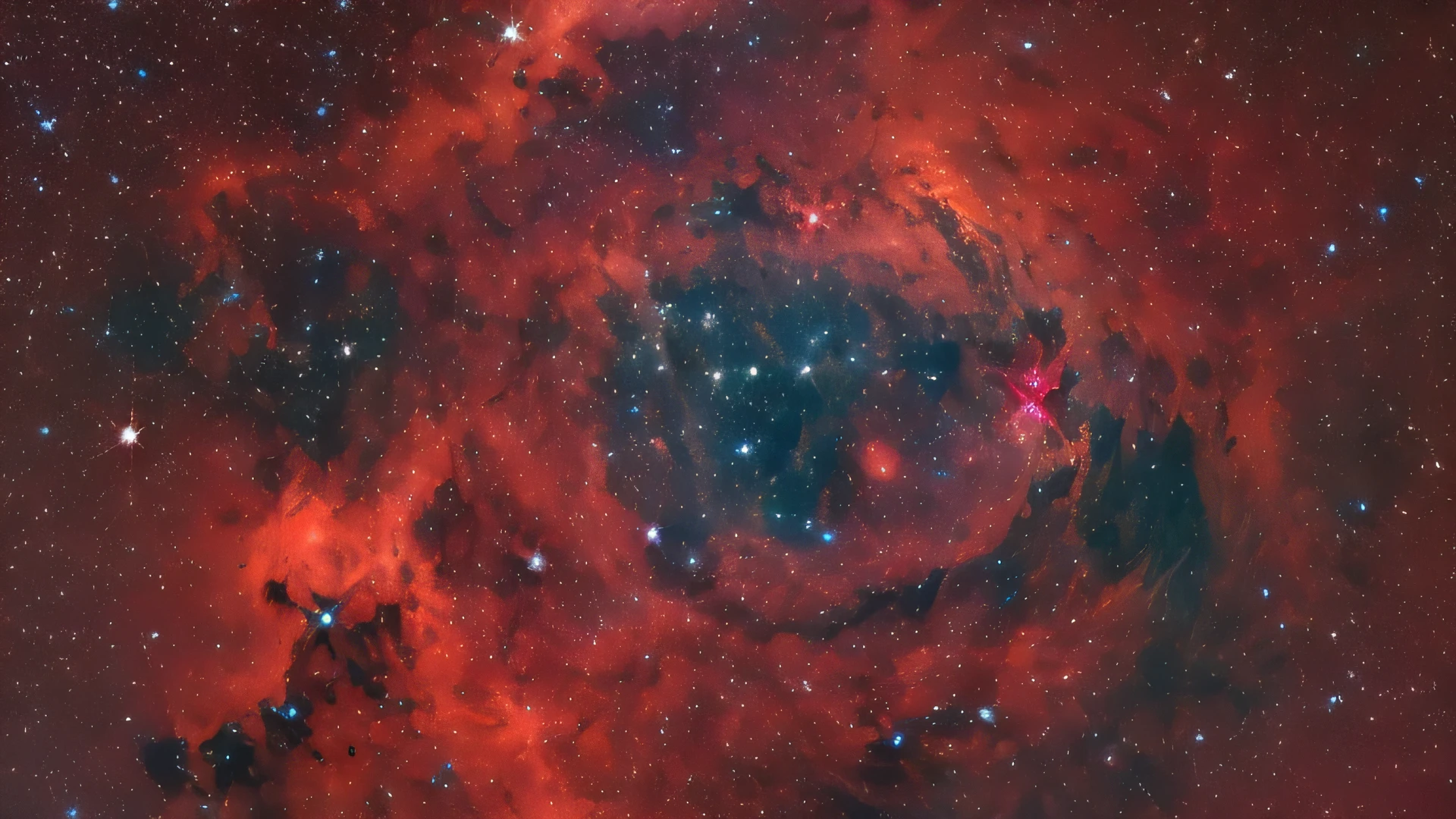a close up of a star filled sky with a red nebula, in a nebula, red nebula, big nebula as clover, vast nebula, gorgeous nebula is born, taken through a telescope, space photography, in the cosmos, false color star field, epic nebula, nebula sized, nebulae colors, stars and nebula, floating in a nebula, nebula in the background