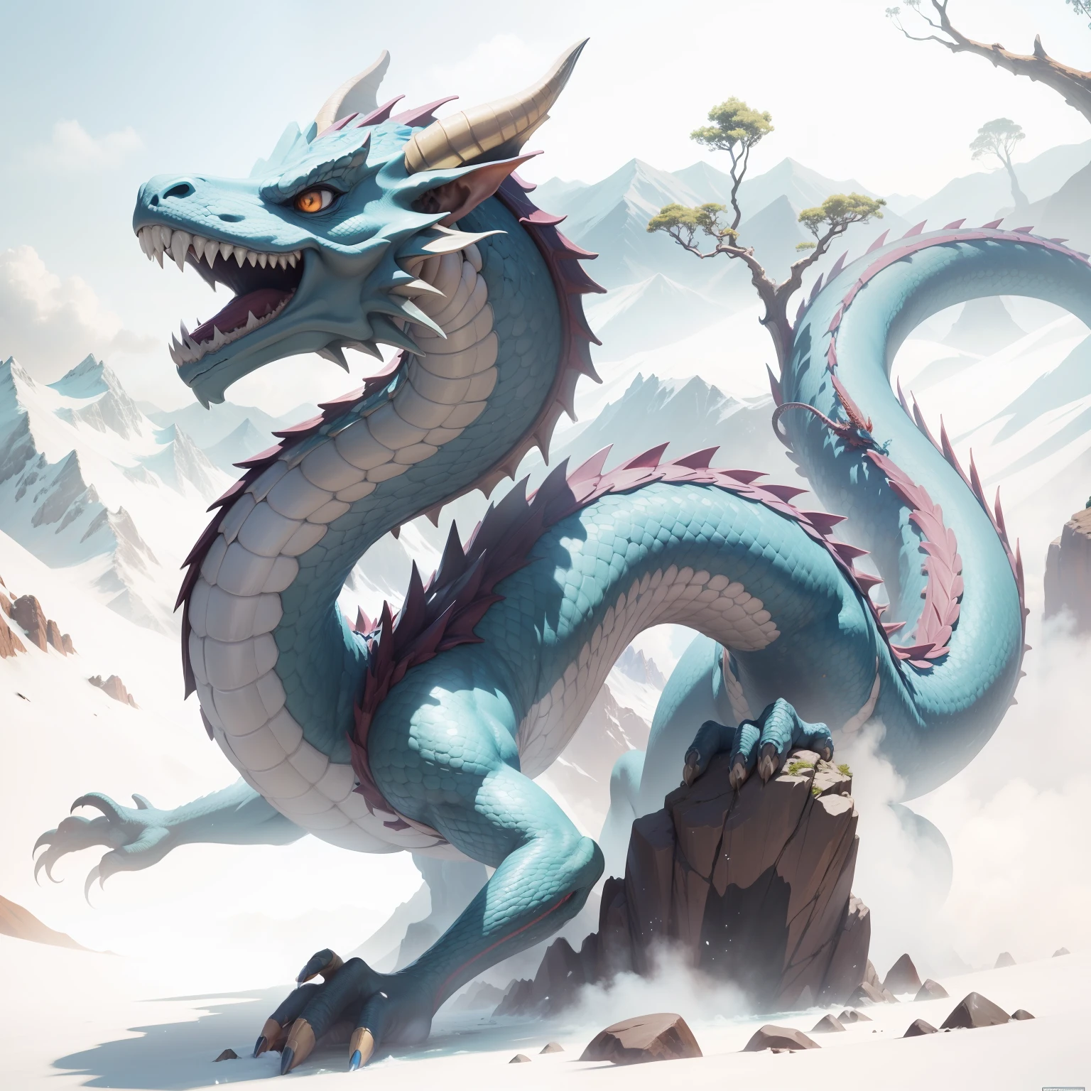 A dragon, colorful, mountain peaks, waterfalls, white clouds,  masterpiece,best quality,extremely detailed,fine details,official art,unity 8k wallpaper,4K,8K,UHD, highly detailed,blurry,blurry_background, blurry_foreground,depth_of_field,motion_blur,(realistic,photo-realistic:1),extremely detailed, filmg, --auto