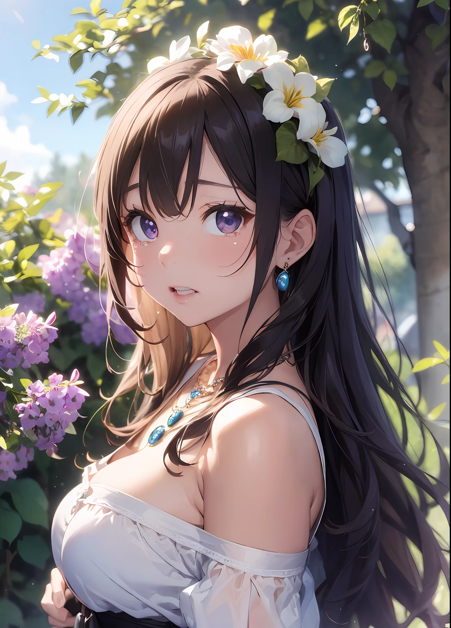 Beautuful Women、(top-quality、in 8K、32K、masterpiece、nffsw:1.3)、(Photorealsitic:1.4)、Detailed skin、is crying、Tears glisten in the sunlight、Elegance、top grade、Sunglare、lensflare、Wisteria shelf、Wisteria flower background、Detailed shading by sunlight、depth of fields、blurry backround、( White off-the-shoulder dress)、ear ornament、lady's、a necklace、(A sexy:1.2)、breastsout、