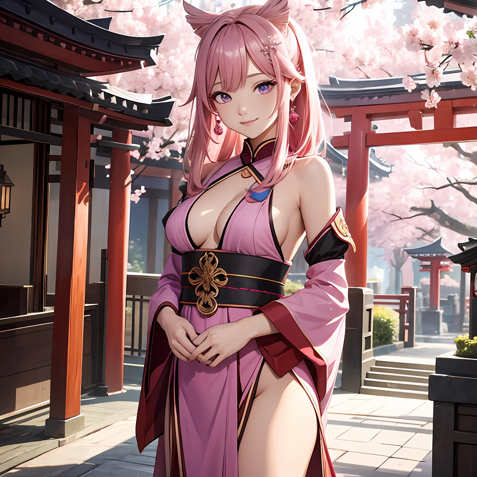 (ulzang-6500-v1.1:0.4)1girll, Kpop idol, Yae Miko, Detached sleeves, Pink hair, Long hair, Best quality, (Photorealistic:1.2), (hair adornments:1.35), jewelry, Purple eyes, Earrings, Large breasts, Torii, Cherry blossoms, Lantern light, Depth of field, Detailed face, Face focus, (view the viewer:1.25), Shiny skin, Long sleeves, Smile, Thick lips, Game CG, upper legs, east asian architecture, The background is blurred out, full body, arms back behind,with hands behind her back,