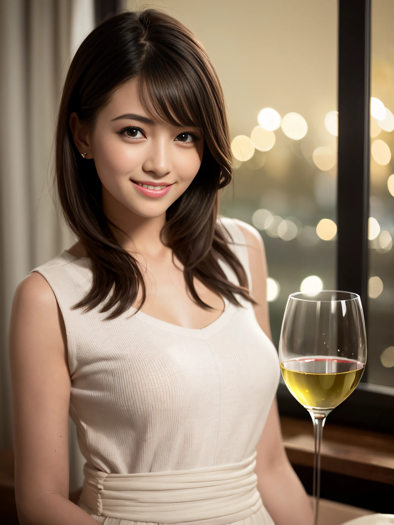 (64K, UHD, top quality, masterpiece: 1.2), (realistic, photorealistic: 1.37), super detailed, pretty woman 1 person, (slim face), (slim body), (brown hair), (short cut), cheeks slightly blushing, (41 years old), 38 years old, solo, outside the window is a beautiful detailed urban night view, restaurant, wine glasses sit, at night, in a prominent place (from the waist up) NovaFrogStyle, Actress, Model, Waist Up, White Wine, Slim, Wine Glass, Super Clean Night View, Wine Glass Put in the Middle, Happy Smile, (Smile: 1.15), Beautiful Fine Eyes, Upper Body, Bust Japan Up, Night, Short, Short, Actress, Model, Waist Up, White Wine, Slim, Wine Glass, Super Clean Night View, Wine Glass Put in the Middle, Happy Smile,