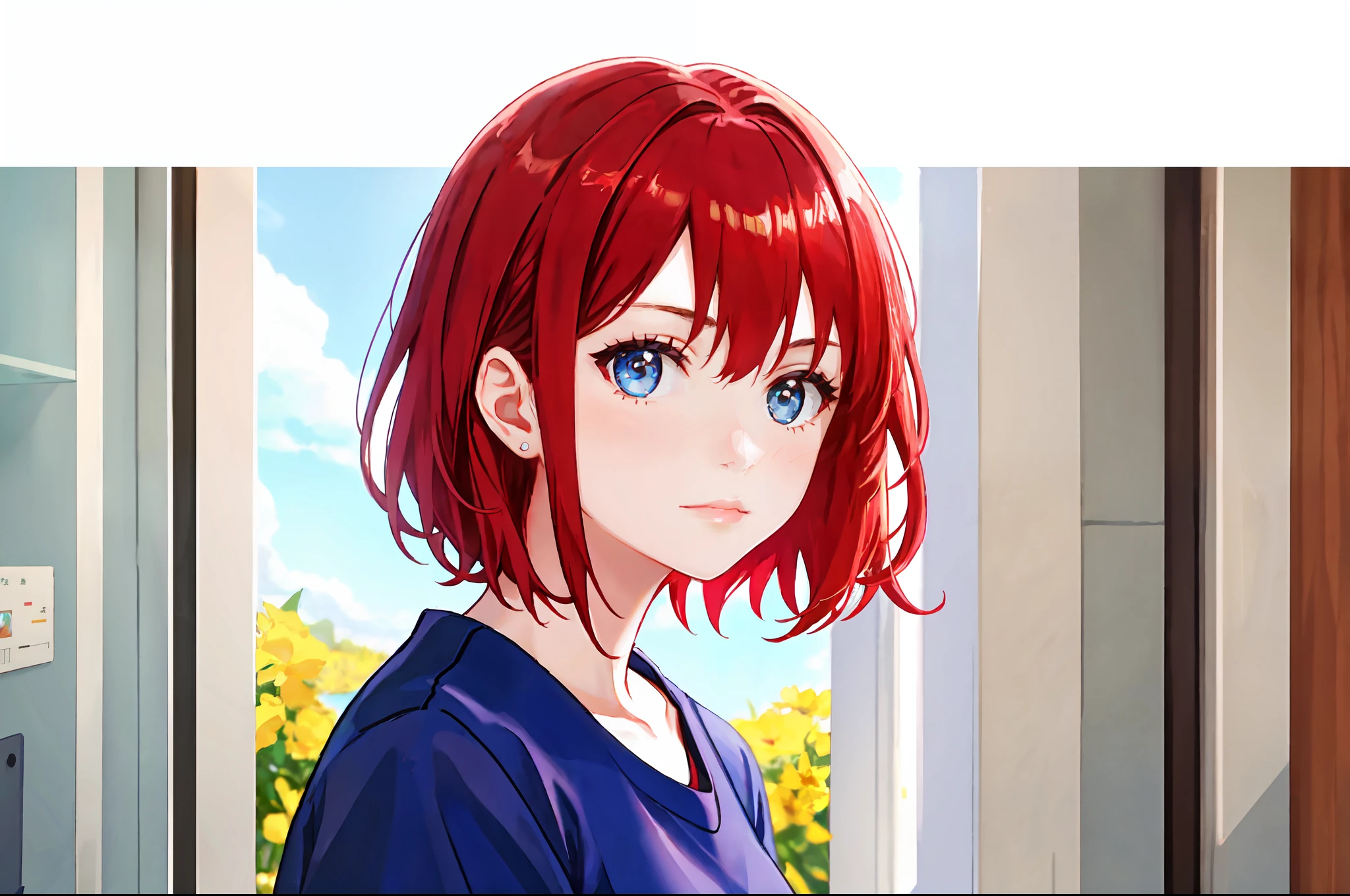 there is a young woman with a short hair and a blue shirt, a redheaded young woman, soft portrait shot 8 k, photo of young woman, perfectly centered portrait, 7 0 mm portrait, red haired young woman, 4 k asymmetrical portrait, head centered portrait, 60mm portrait, landscaape