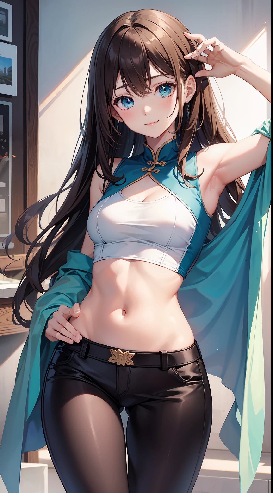 young girl, Long brown hair, Cyan eyes, Blue Chinese Top, Sleeveless, open belly, open breasts, breeches, ssmile, Masterpiece, hiquality