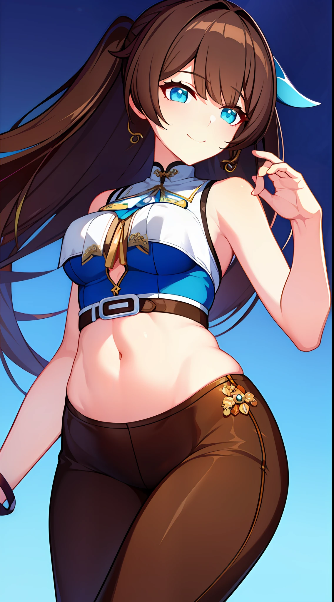 young girl, Long brown hair, Cyan eyes, Blue Chinese Top, Sleeveless, open belly, open breasts, breeches, ssmile, Masterpiece, hiquality