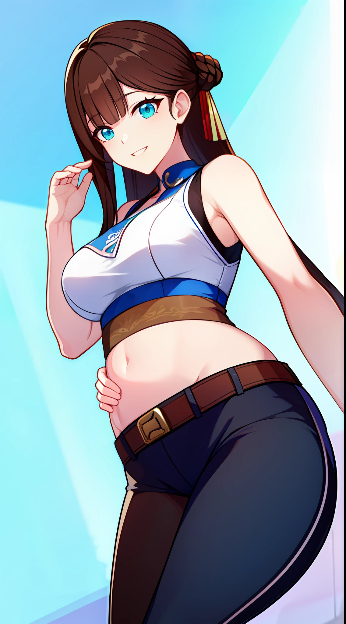 young girl, Long brown hair, Cyan eyes, Blue Chinese Top, Sleeveless, open belly, open breasts, breeches, ssmile, Masterpiece, hiquality