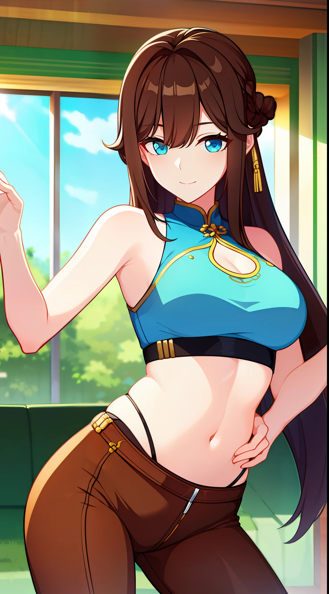 young girl, Long brown hair, Cyan eyes, Blue Chinese Top, Sleeveless, open belly, open breasts, breeches, ssmile, Masterpiece, hiquality