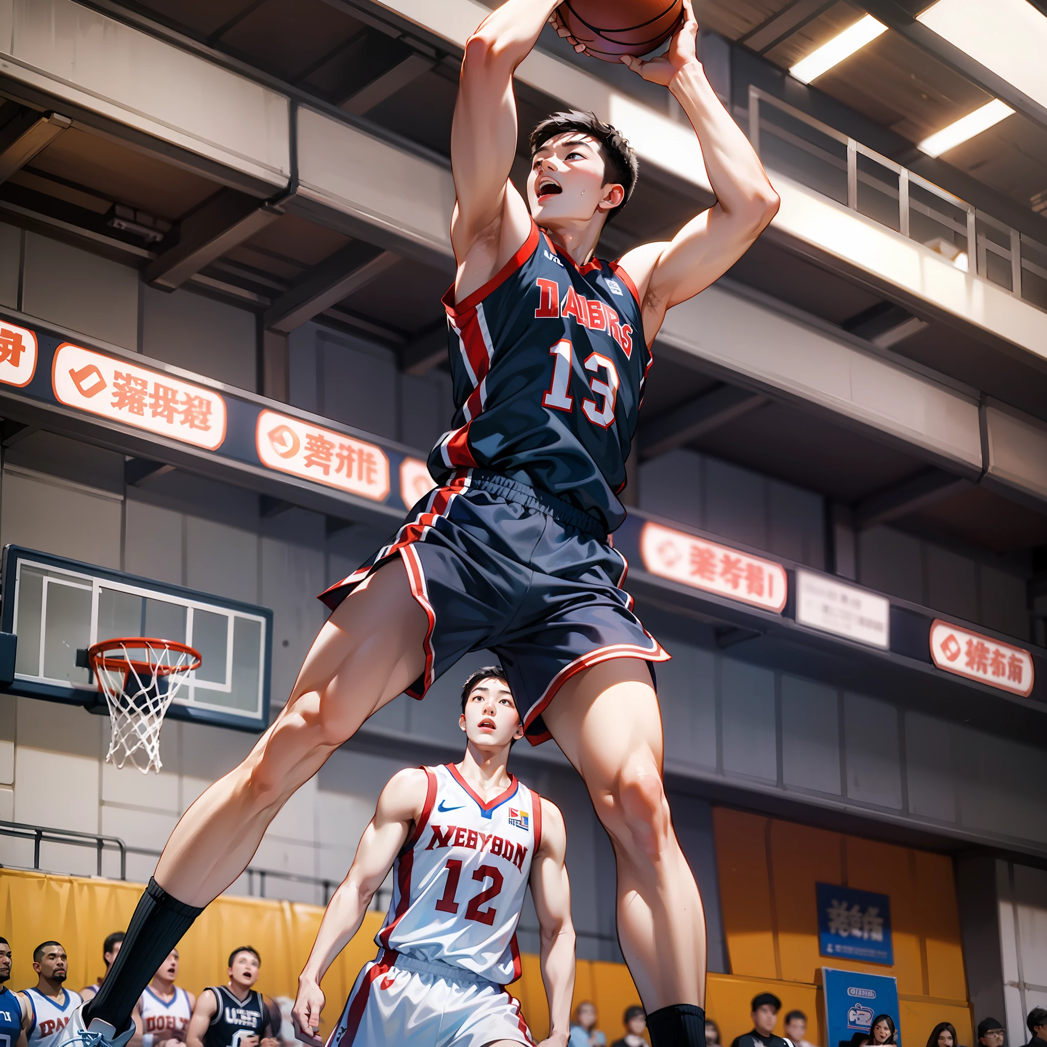 Zhang Chaofeng pulls a basketball and jumps on the basketball court，Three-point shot，Three do not stick