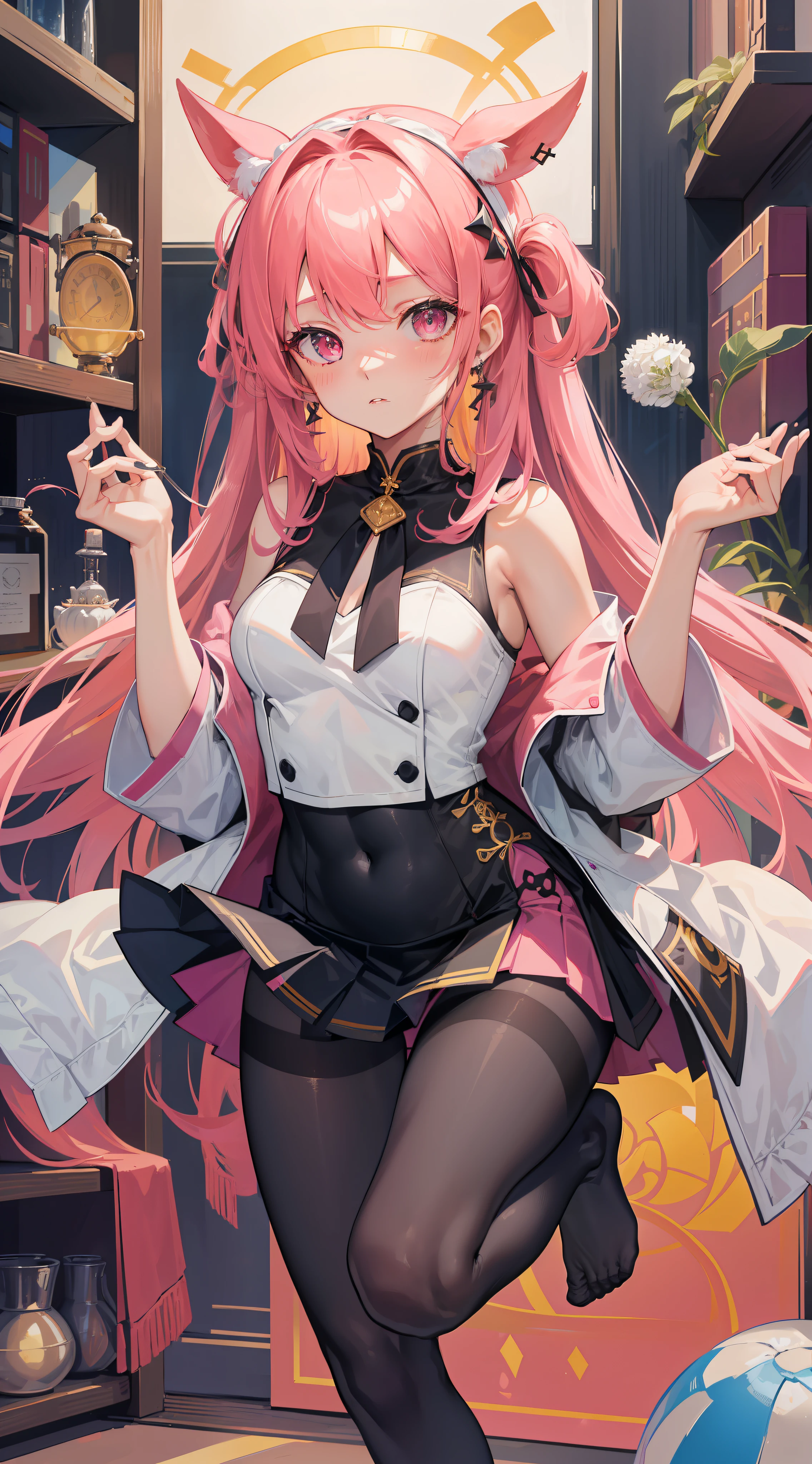 16k, hyper HD, retinas, Masterpiece, ccurate, Anatomically correct, High details, Best quality, High quality, A high resolution，Pink hair,shairband，hair adornments，dual horsetail，Sleeveless dress，short  skirt，Hosiery，White tights，In the daytime，Long hair and medium breasts，Brilliant，opulent，first person，illustration，quadratic element，Exposed panties，Open navel，big assa，cropped shoulders，white  panties，cosplay，Asia face，16 yaers old，teens girl，Long legs，lacepantyhose，full bodyesbian，Barefoot