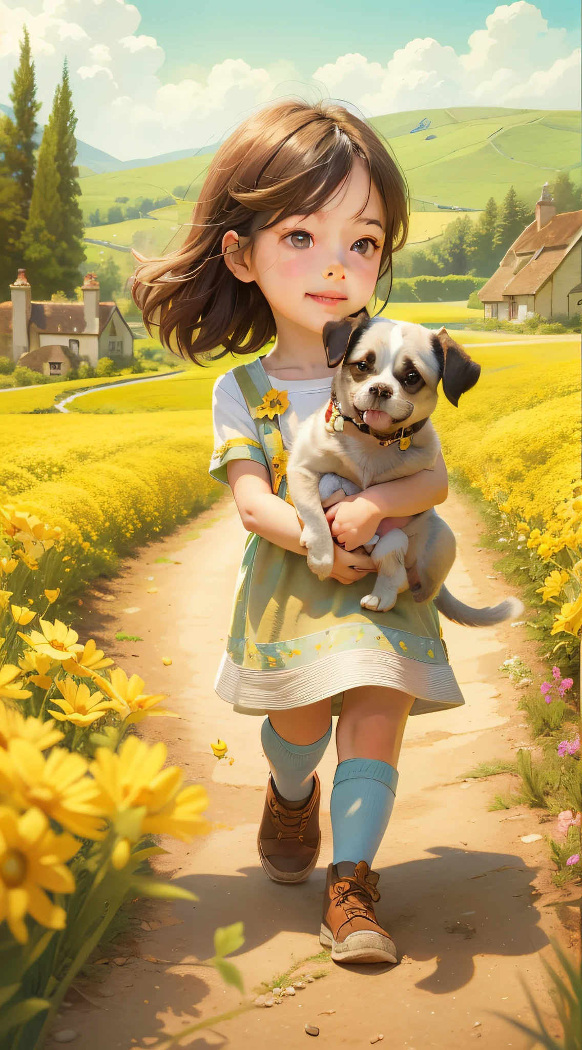 A charming  girl，Brunette and her cute puppy，Enjoy a lovely spring outing surrounded by beautiful rape flower fields and nature。Country lanes，Fenced cottage，The illustration is a high-definition illustration in 4K resolution，With very detailed facial features and cartoon-style visuals。