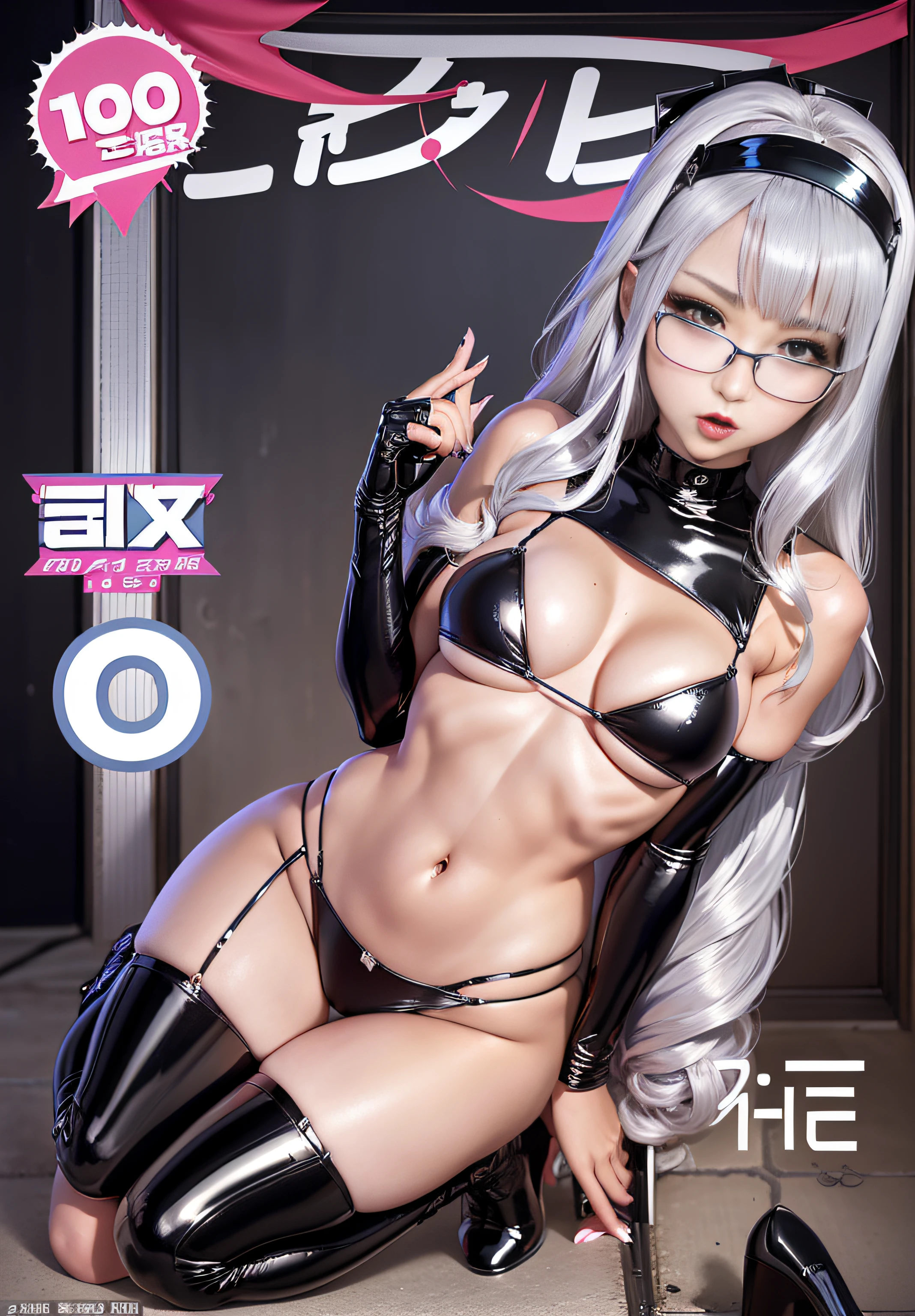 Latex Micro Bikini with Nurse Cap、Latex High Heels、Tight latex mini skirt、Staggered black-rimmed glasses、(FULL BODYSHOT)、Glossy skin、,(20yr old)、sexy facial expression、large boob、Japan Idol Hairstyles、(magazine:1.3), (cover-style:1.3),Silvery hair