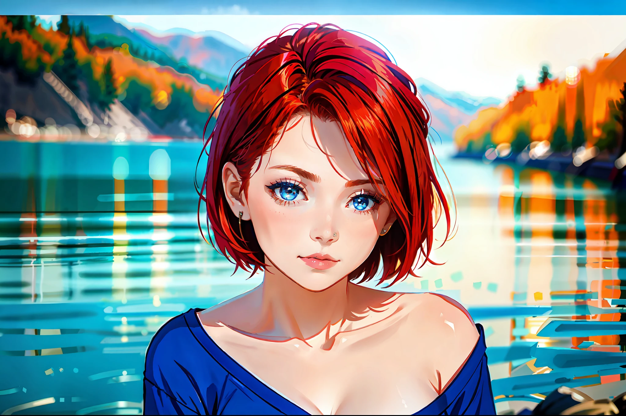there is a young woman with a short hair and a blue shirt, a redheaded young woman, perfectly centered portrait, 7 0 mm portrait, red haired young woman, 4 k asymmetrical portrait, head centered portrait, landscape