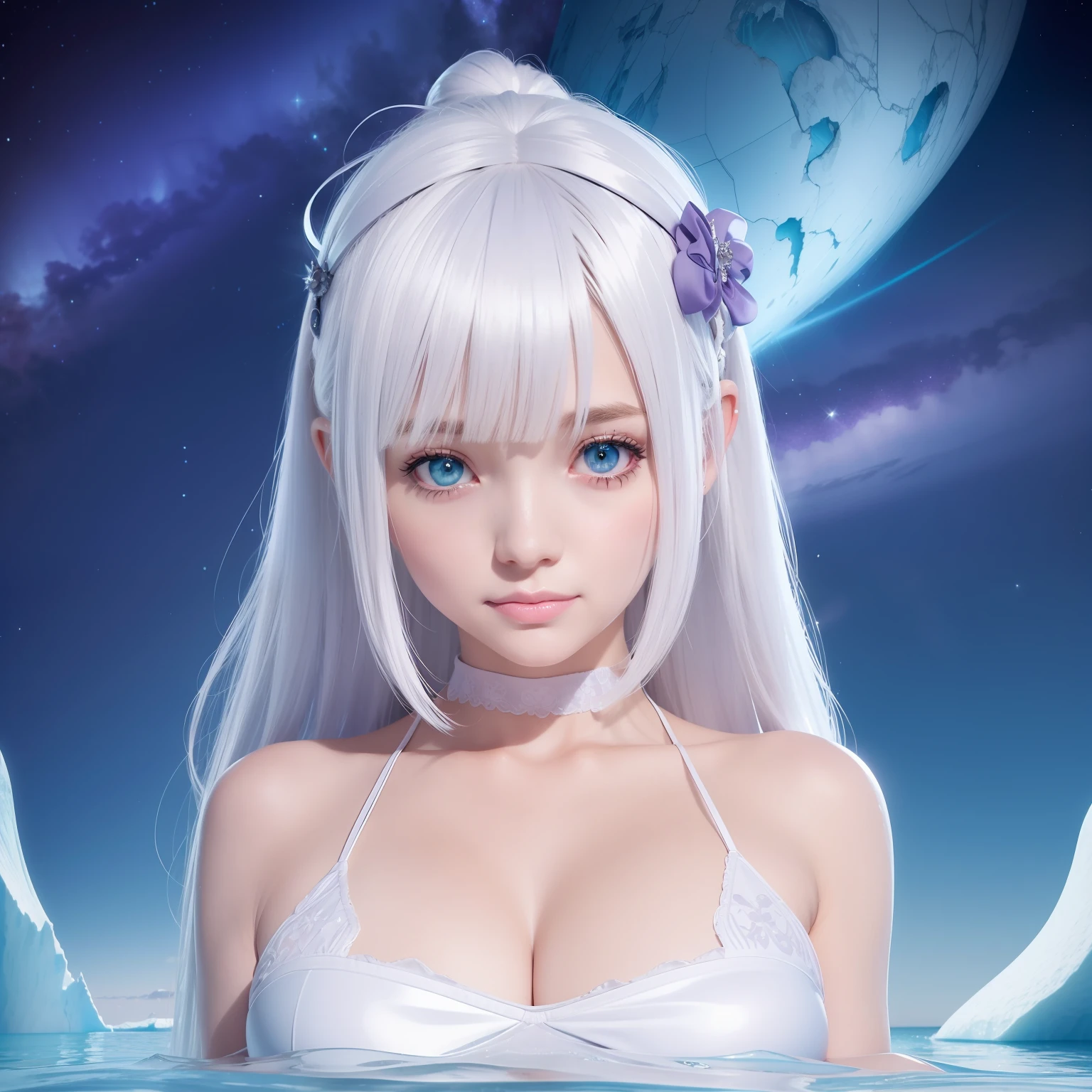 Sit on an iceberg, Look up at the purple starry sky, White hair, Blunt bangs, hair over shoulders, Asymmetrical bangs, Big hair, ribbon, aqua eyes, Smile, Smile, Anime, god light, god light, god light, f/4.0, Close-up, hyper HD, retinas, Masterpiece, High details, Textured skin