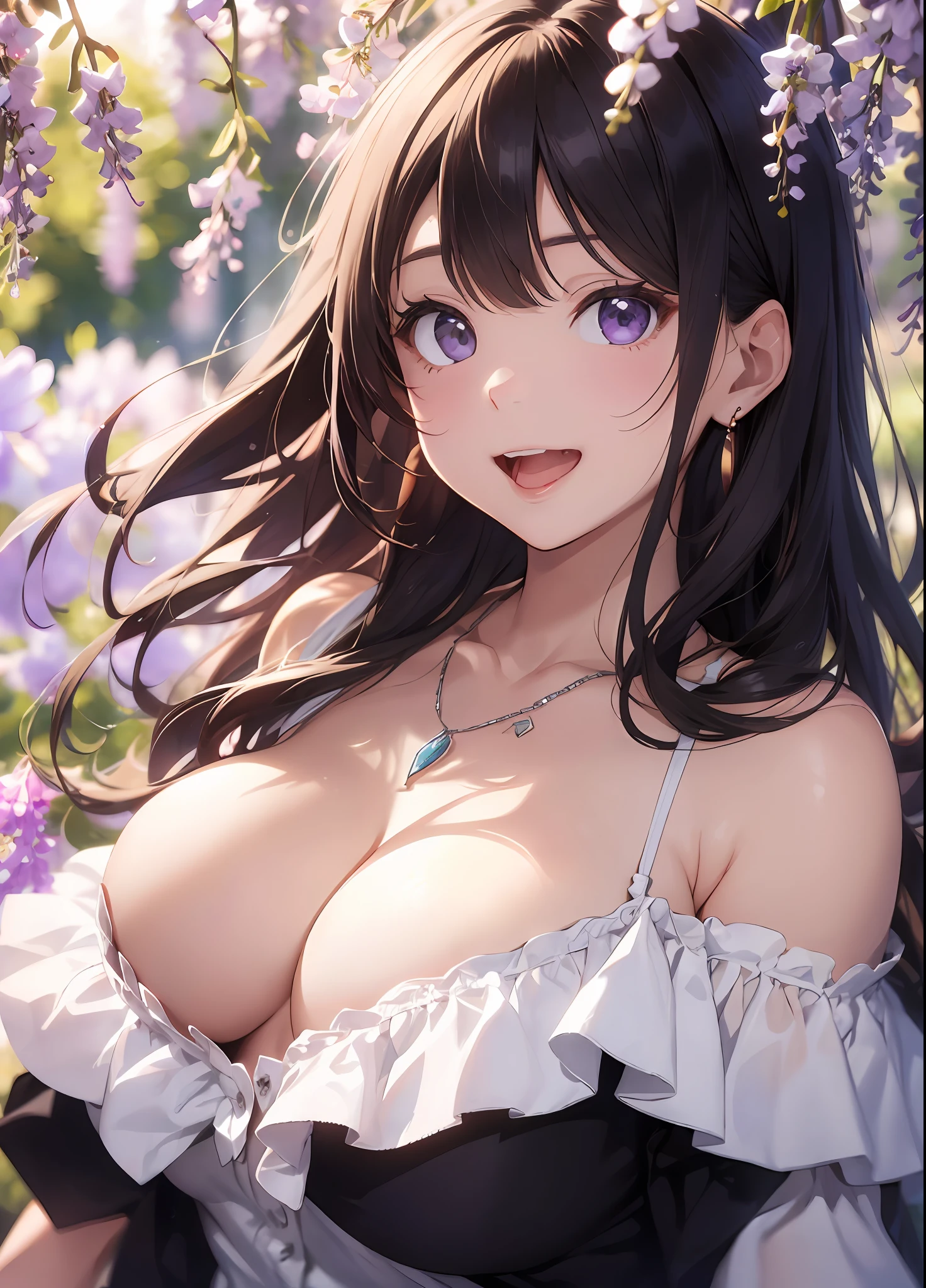 Beautuful Women、(top-quality、in 8K、32K、​masterpiece、nffsw:1.3)、(Photorealsitic:1.4)、Detailed skin、Big laugh、Opening Mouth:1.2、top grade、Sunglare、lensflare、Wisteria shelf、Wisteria flower background、Detailed shading by sunlight、depth of fields、blurry backround、( White off-the-shoulder dress)、ear ornament、lady's、a necklace、(A sexy:1.2)、breastsout、