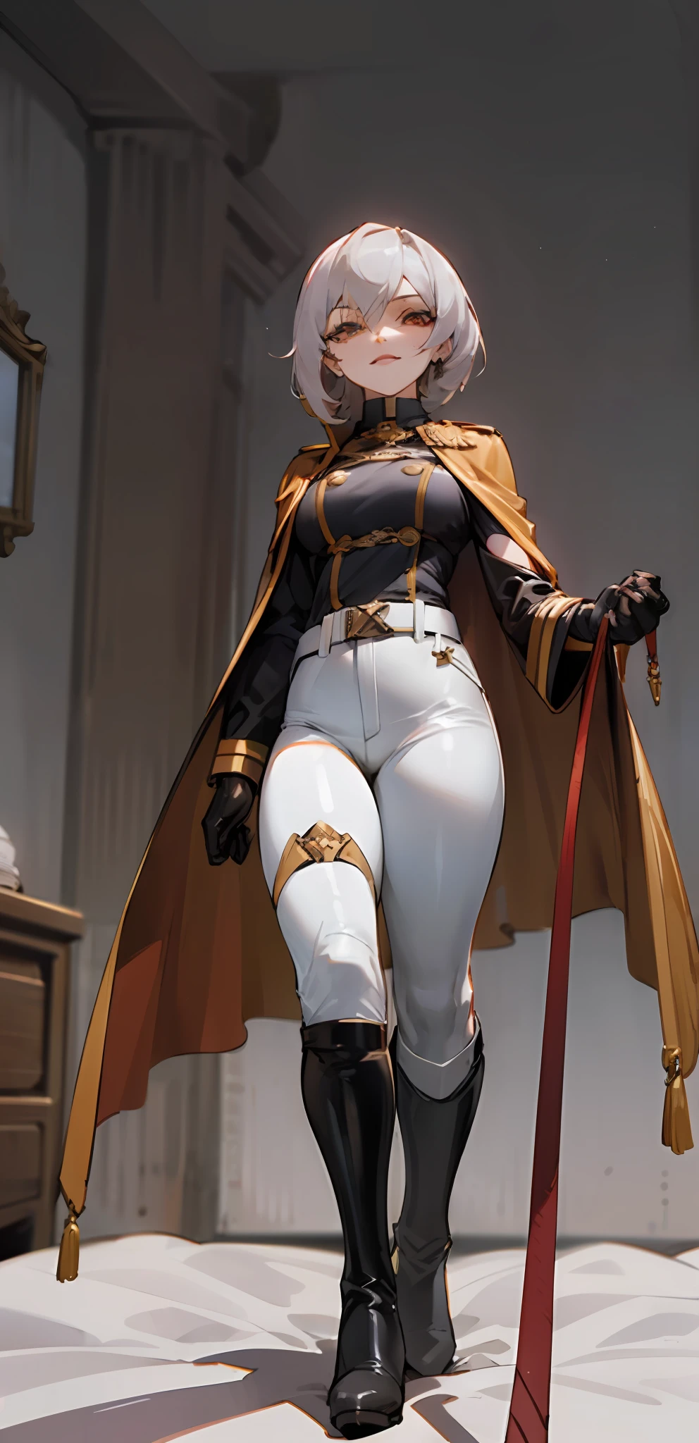 Mature female, standing, full body, authority, leather outfit, dominant, (muscular:0.5), long sleeves, black gloves, double-breasted, (black knee-high boots:1.4), (white pants:1.2), slim, devious, seductive, evil, confident, harness, belt, cape, standing, dungeon, bedroom, military uniform,leash, looking at viewer