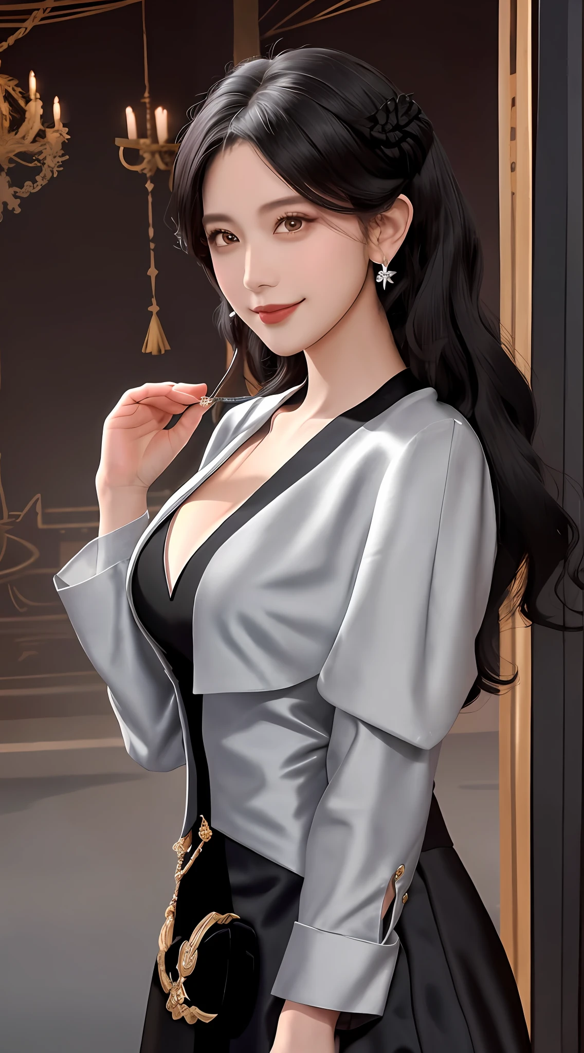 cabelos preto e longos,cabelos preto e longos,hair straight,curlies,ssmile,looking at viewert,tmasterpiece,Delicate and beautiful face,Royal Sister,Her Royal Highness,Dress revealingly