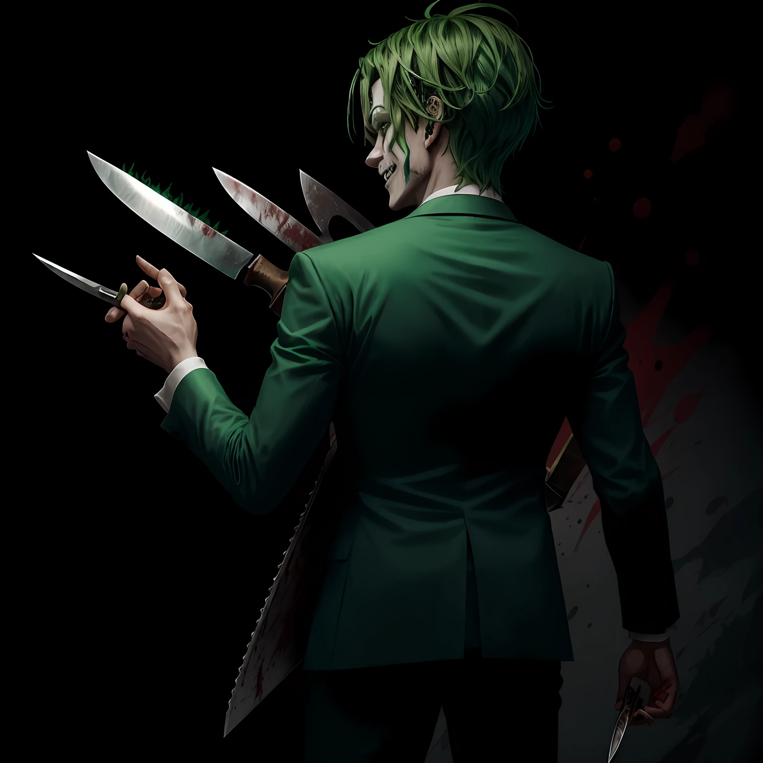 Clown, green hair, back, elegant suit, knife with blood, laughing maniacally --auto