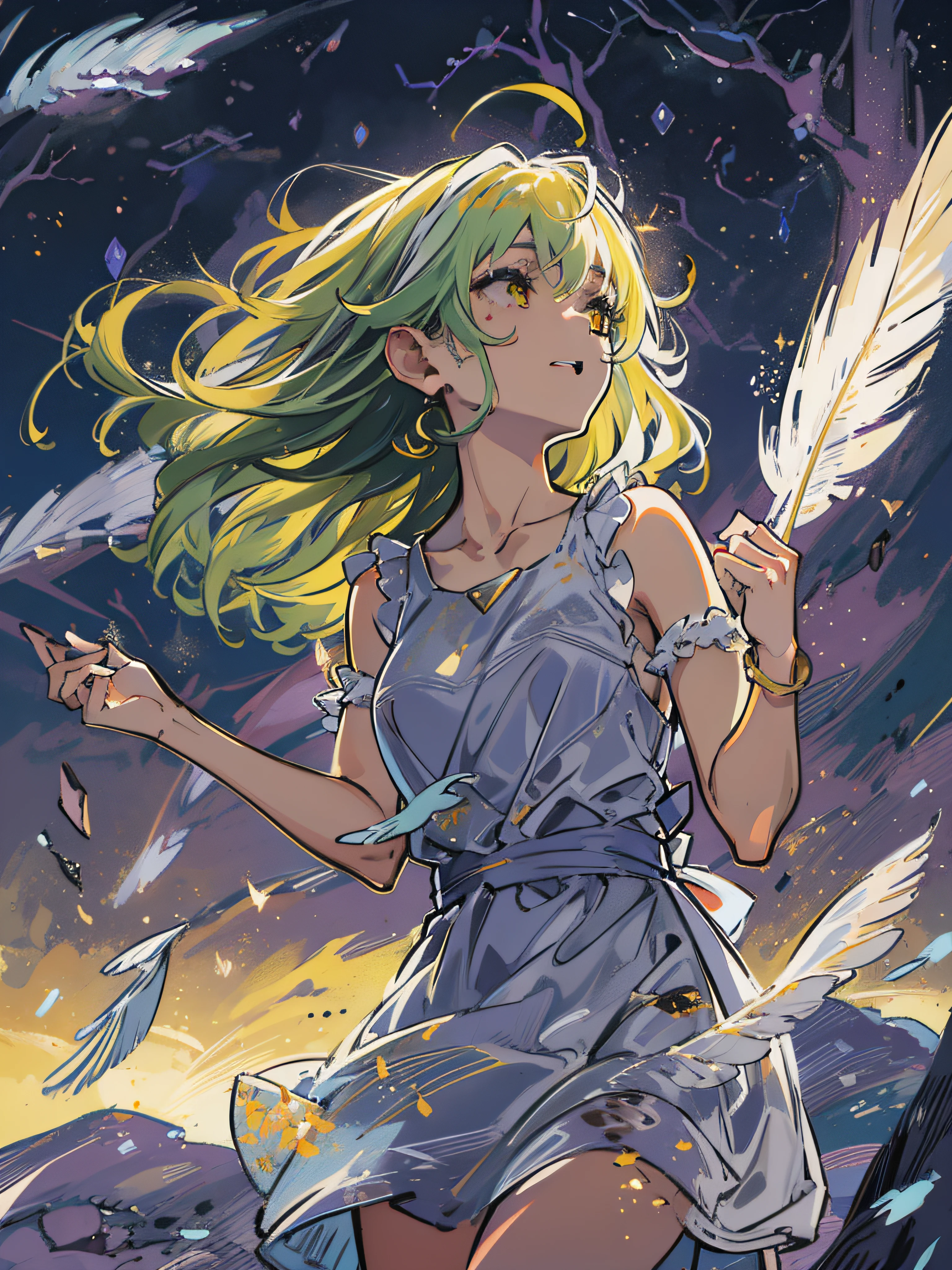 White feathers blowing in the wind, The sparkling Milky Way, Purple night sky, Girl staring into the distance, Short dress, Yellow dress, Different hair colors, Sedentary little cat