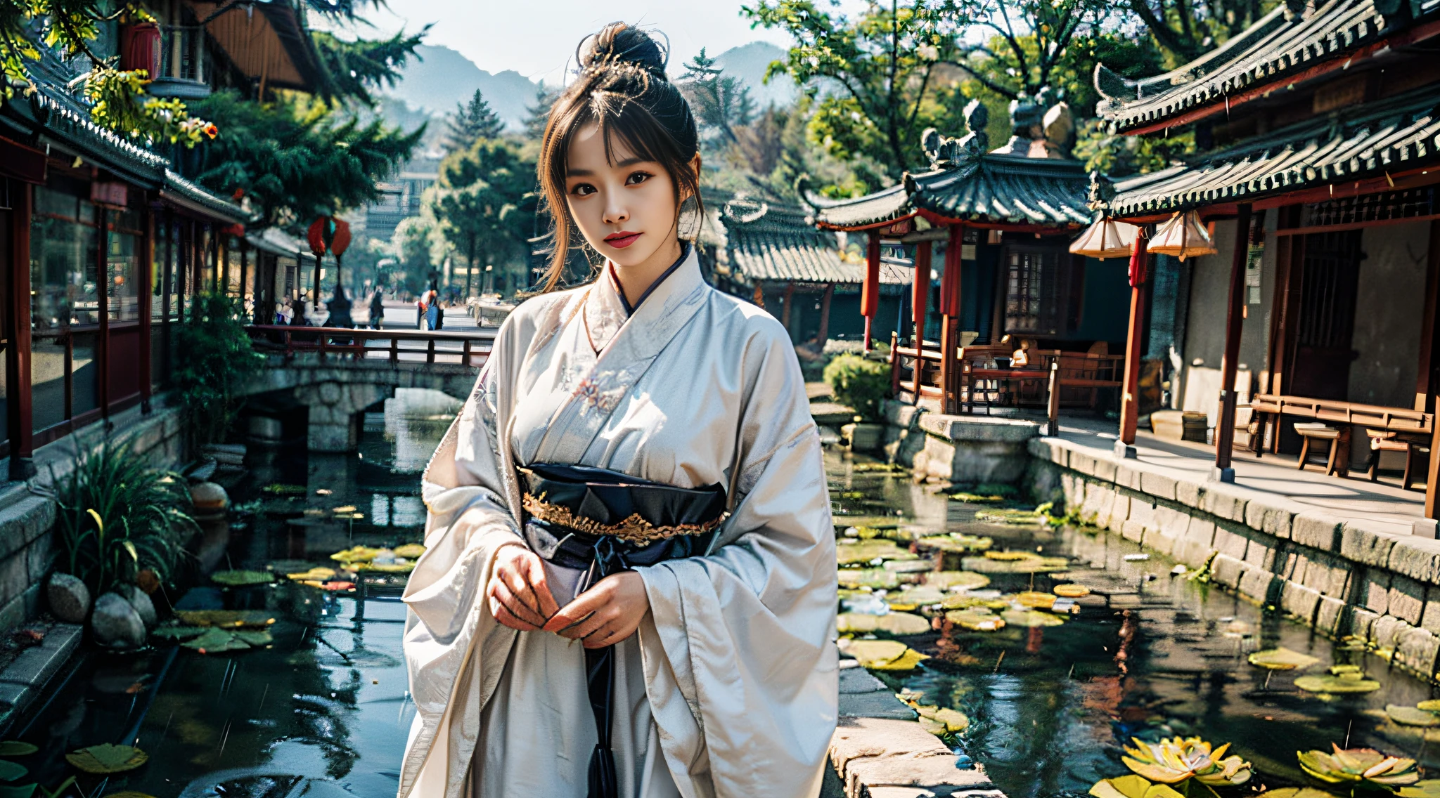 realistic, big vista, wide angle lens, intricate details, super detailed, natural skin texture, 1 girl, hair bundle, bun, beautiful Chinese woman in white hanfu robe cloak, fairy, white mist, golden light, white mist, outdoors, in Hangzhou West Lake, in ancient Chinese pavilion, (colorful, vivid, sunny, cool light: 1.2) lotus leaves in pond, delicate facial details, dynamic poses, exquisite details, wide view, epic details, global illumination - ar 3:2 - Q 5 - V 5.1 - Style RAW-S 750, style influenced by ancient Chinese art, complex, high detail, sharp focus, dramatic, photorealistic painting art, lotus leaf, spring rain, bright, light, atmospheric, bright tones of spring, super detail, 16k, best quality, soft light, space, crystal clear, natural light, surreal photography,