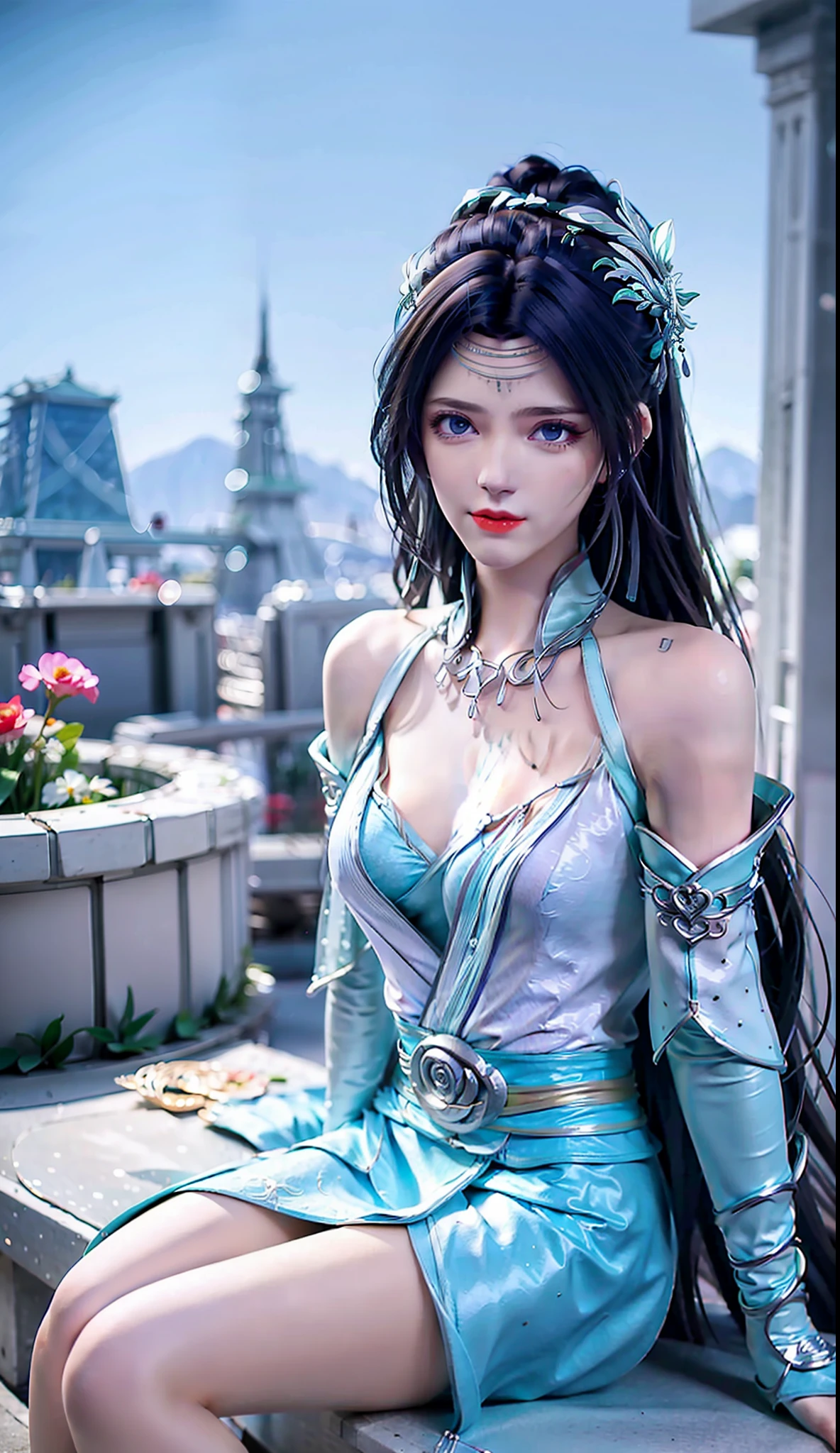 best qualtiy,tmasterpiece,Extremely Delicately Beautiful,The is very detailed,CG,unified,8k wallpaper,Beautiful Meticulous Girl,(very vey very detailed face),beatiful detailed eyes,
1girll,独奏,Background with,(Miniskirt skirt:1.3),Master shots,Background under dusk park,Sunset view,There is a tree with long legs and flowers,cropped shoulders,Bigchest,high-heels,Long white socks,Sit on a flower bed