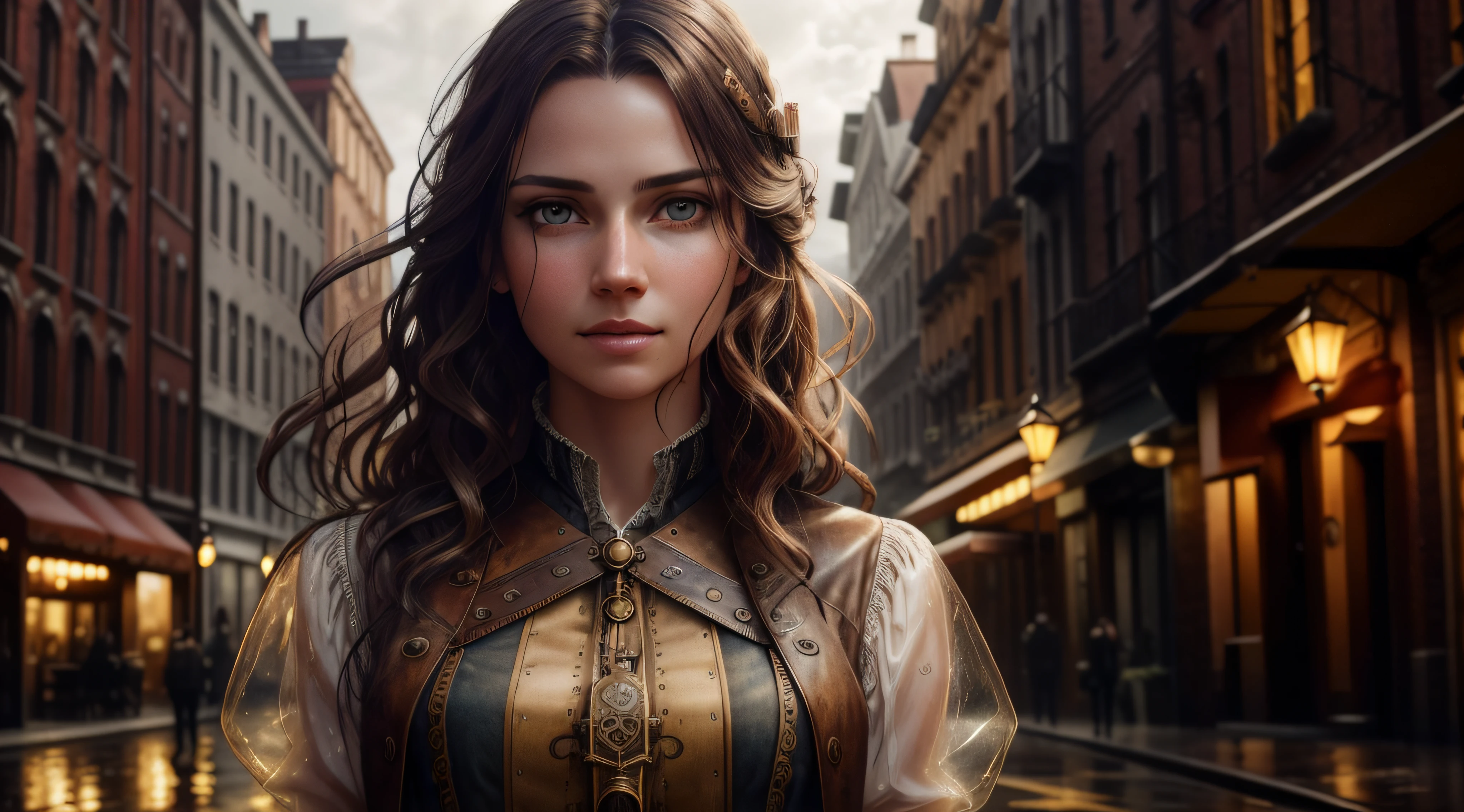 portrait photography, beautiful young steampunk woman with transparent western tunic dress, soaked, eyes visible through hair, proper eye position, natural skin, backlight, cinematic light, rim light, soft light , hips, in night time, city side background, detailed color graded background, intricate , highly detail, octane render, HD, 8k, by Annie Leibovitz