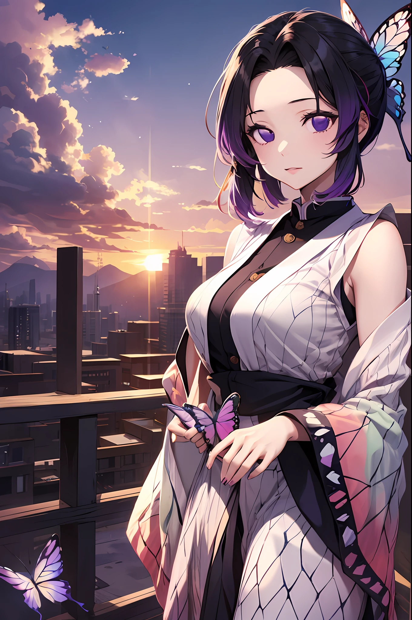 Kochou Shinobu, 1girl,masterpiece, multicolored hair,sleeveless, purple eyes, kimono, white haori, , multiple butterflies, , laked sunset, lens flare, perfect lighting, highest quality, hands behind, thick thighs, large breasts, highest quality, high resolution.
