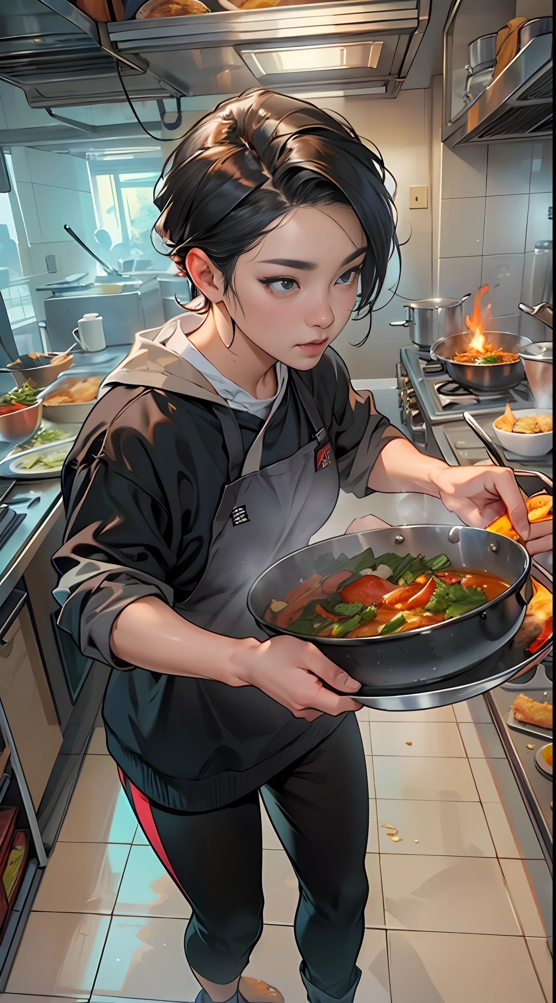 two characters are cooking some food in a pan with fire on it, in the style of he jiaying, photo-realistic hyperbole, artgerm, youthful energy, majestic ports, comiccore ,32k, best quality, masterpiece, super detail, high details