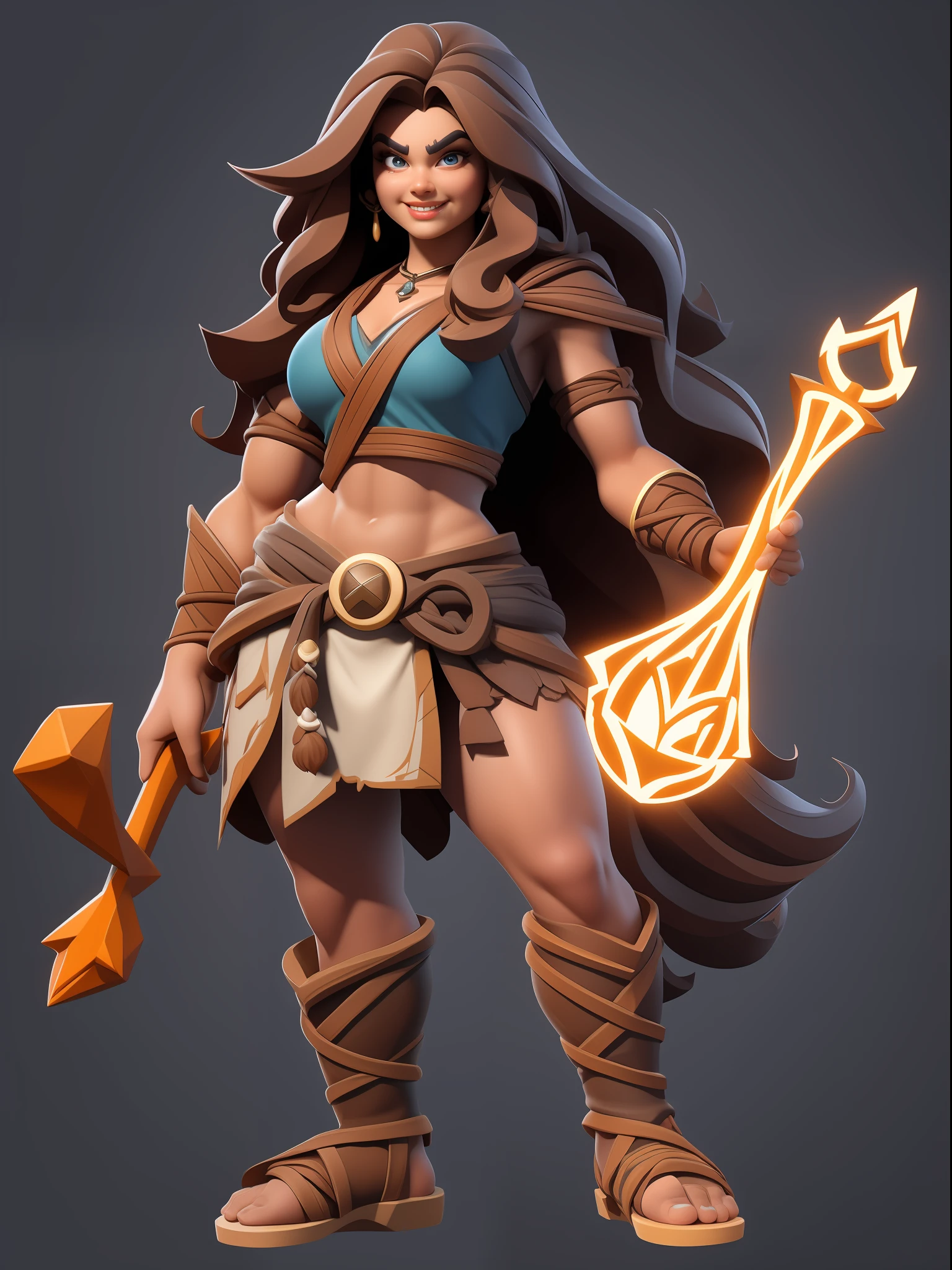 1 beautiful long-haired girl with magic wand、Full body standing painting,(Primitive barbarian style、Clash Royale style、Cartoon model rendering),Bone products,highly details eye、beauitful face,Charming body,Primitive barbarian costume,Full body standing painting,dynamicposes,white backgrounid,tmasterpiece,best qualtiy,Best resolution,8K,(European and American cartoon Q version、3D model rendering、Dwarf body type)