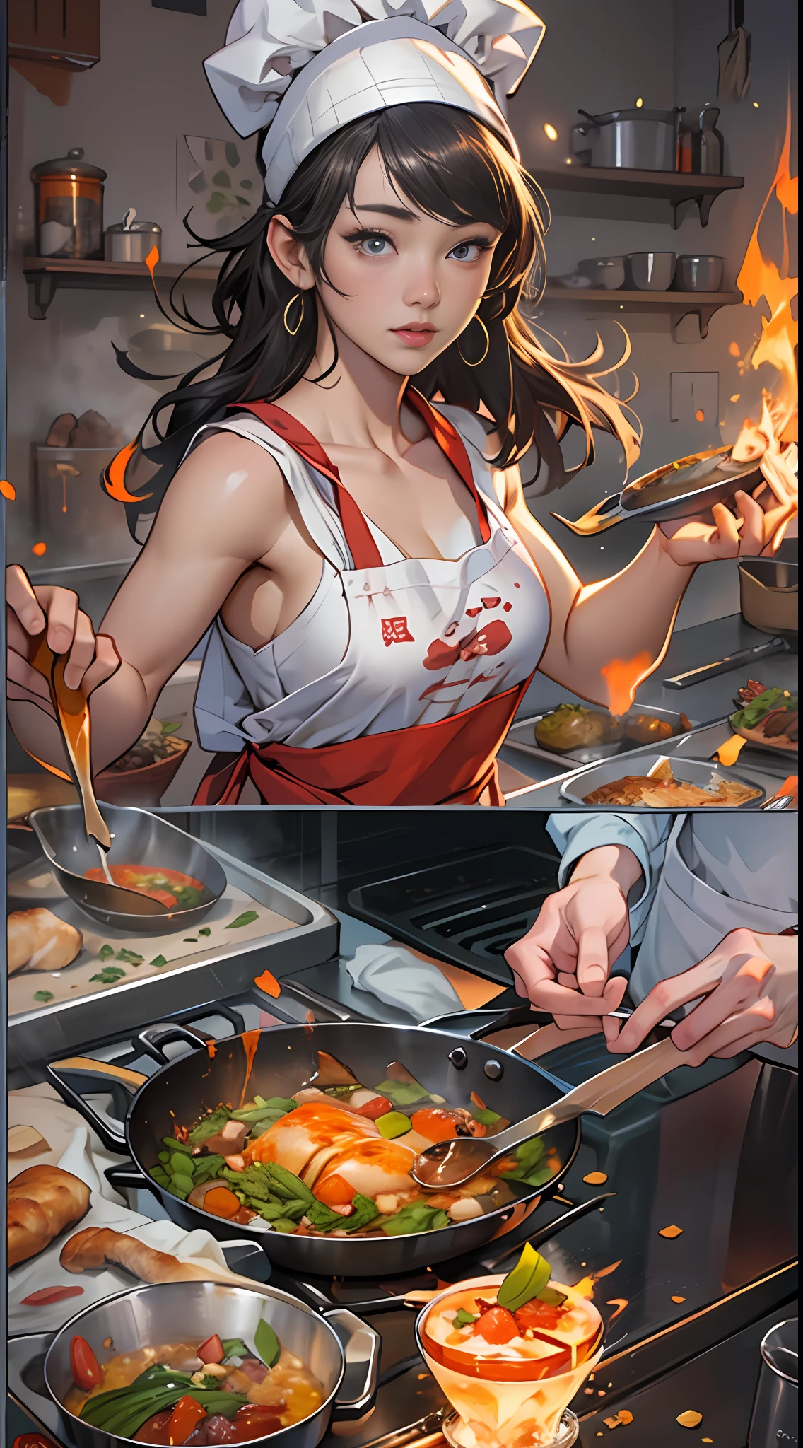 two characters are cooking some food in a pan with fire on it, in the style of he jiaying, photo-realistic hyperbole, artgerm, youthful energy, majestic ports, comiccore   ,32k, best quality, masterpiece, super detail, high details