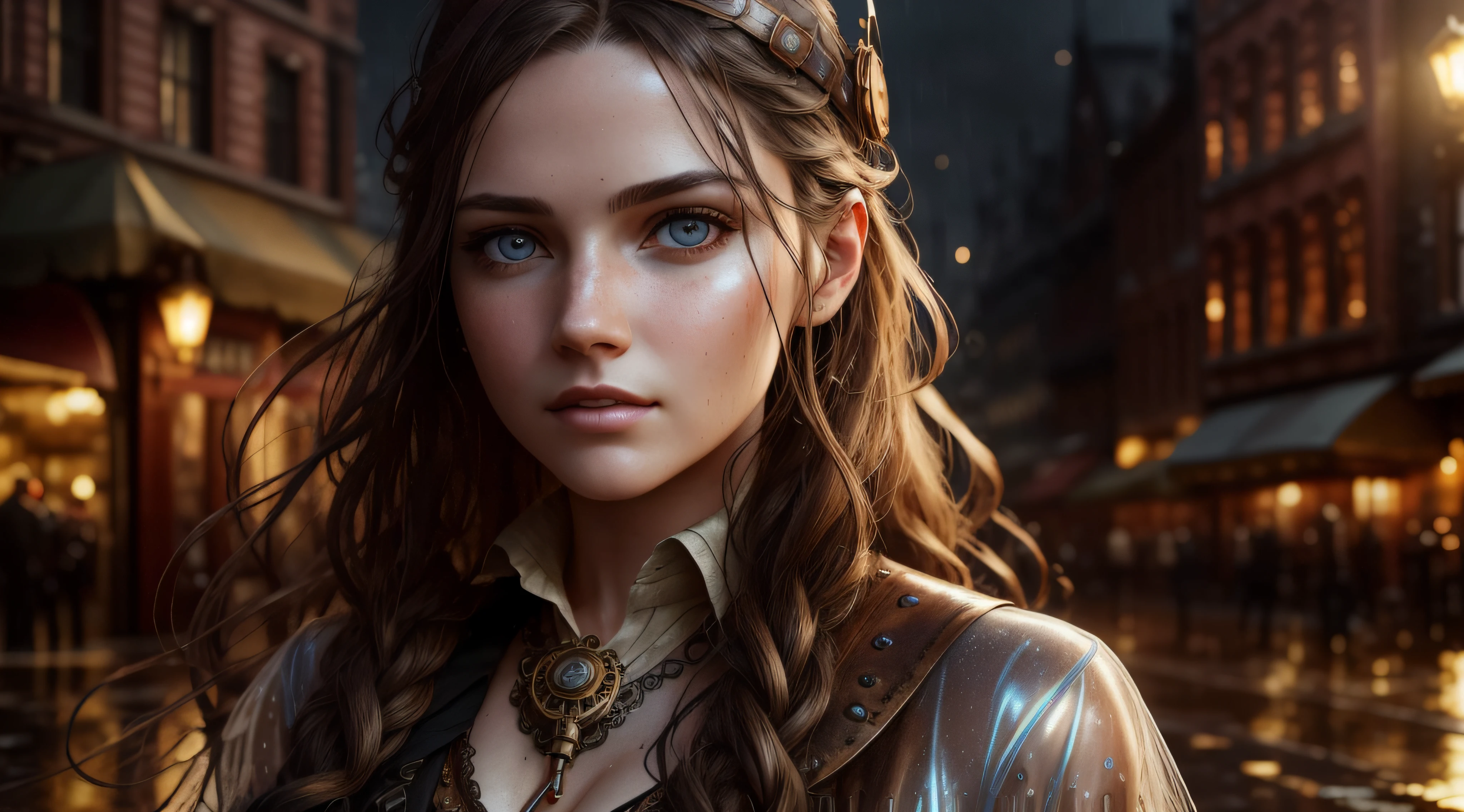 portrait photography, beautiful young steampunk woman with transparent western tunic dress, soaked, eyes visible through hair, proper eye position, natural skin, backlight, cinematic light, rim light, soft light , hips, in night time, city side background, detailed color graded background, intricate , highly detail, octane render, HD, 8k, by Annie Leibovitz