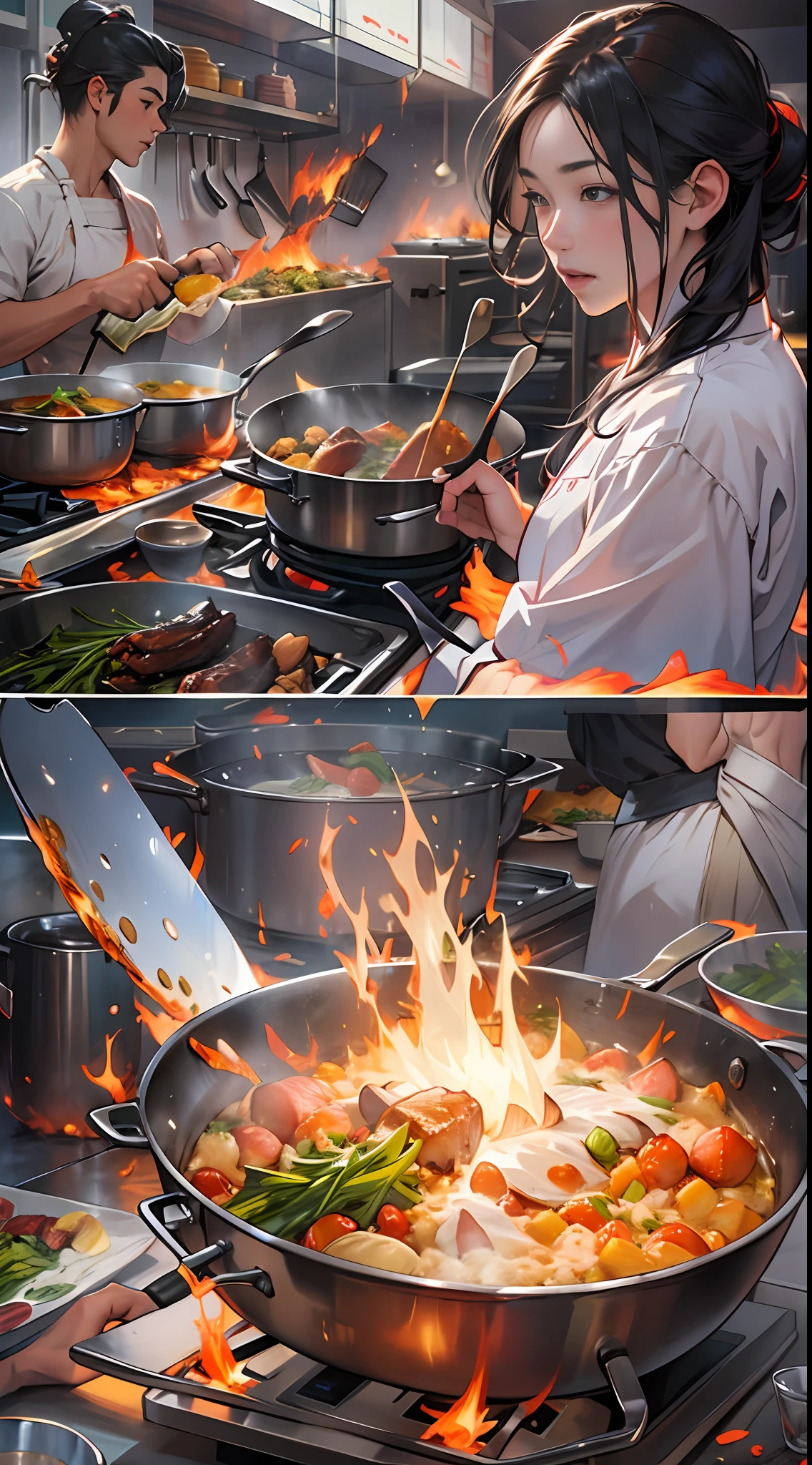two characters are cooking some food in a pan with fire on it, in the style of he jiaying, photo-realistic hyperbole, artgerm, youthful energy, majestic ports, comiccore ,32k, best quality, masterpiece, super detail, high details