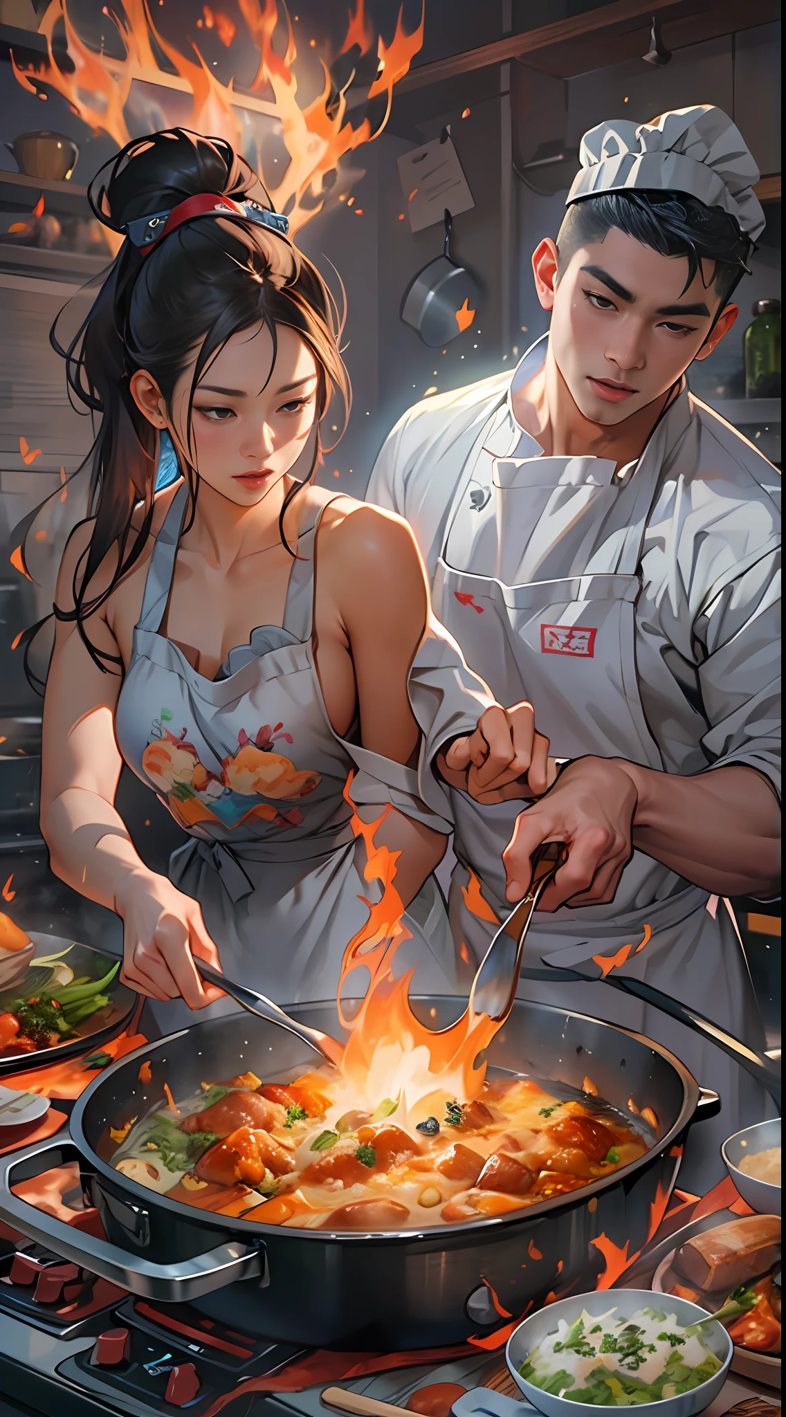 two characters are cooking some food in a pan with fire on it, in the style of he jiaying, photo-realistic hyperbole, artgerm, youthful energy, majestic ports, comiccore   ,32k, best quality, masterpiece, super detail, high details