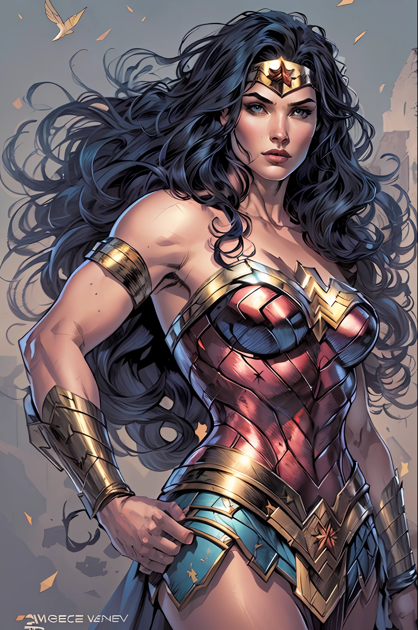 wonder woman, (pretty face:1.2), (finely detailed face and beautiful eyes),  mature female, muscle, bare hands, (armlet, armored dress, bracer, head ring ), (black eyes, black long hair, messy hair, floating hair), (long proportional legs), jim lee,  (best quality:1.1),(clear background:1.2), dark_fantasy, wind,  35mm lens, f/1.4, 8K, ((masterpiece)),  trending on Artstation, DeviantArt, Mucha, Rutkowski, artgerm