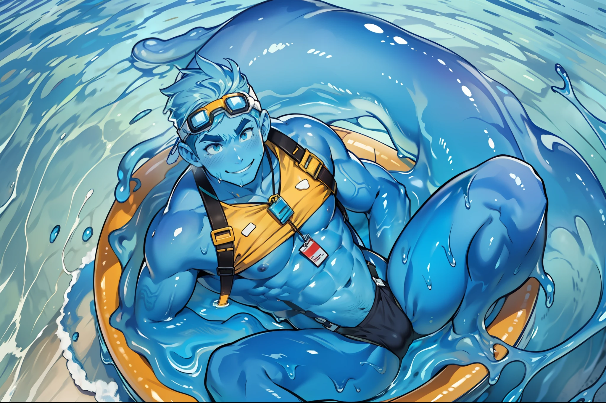 Masterpiece, top quality, gay, yaoi, male, monster boy, slime boy, smile, blue slime, transparent light blue slime body, body made of slime covered in slime, thick eyebrows, aquamarine eyes, Transparent light blue skin, jelly-like light blue skin that melts gently, inhuman appearance, human slime, muscle blood vessels, male only, adult male, handsome, gay, yaoi, super muscular bastard, swollen chest, Overmuscles, giant trapezes, giant pectorals, hyperpex, giant biceps, giant lats, back muscles, giant glutes, giant overdeveloped muscles, monster muscles, beefcake , 30 year old mature man, short trimmed light blue melting jelly head, melting slime texture, mucus splashes, big splashes, suspenders, latex swimming briefs composed of white and yellow and red colors, men's G-string tanga , (outline of lid, bulge of underwear), suspenders, chest belt, life jacket, lifeguard, beach inspector, latex sleeveless rash guard in white and yellow and red colors, life jacket, small white whistle around neck. It is hung Swim goggles are worn around the neck. A floating ring, looking from above, swimming leisurely,