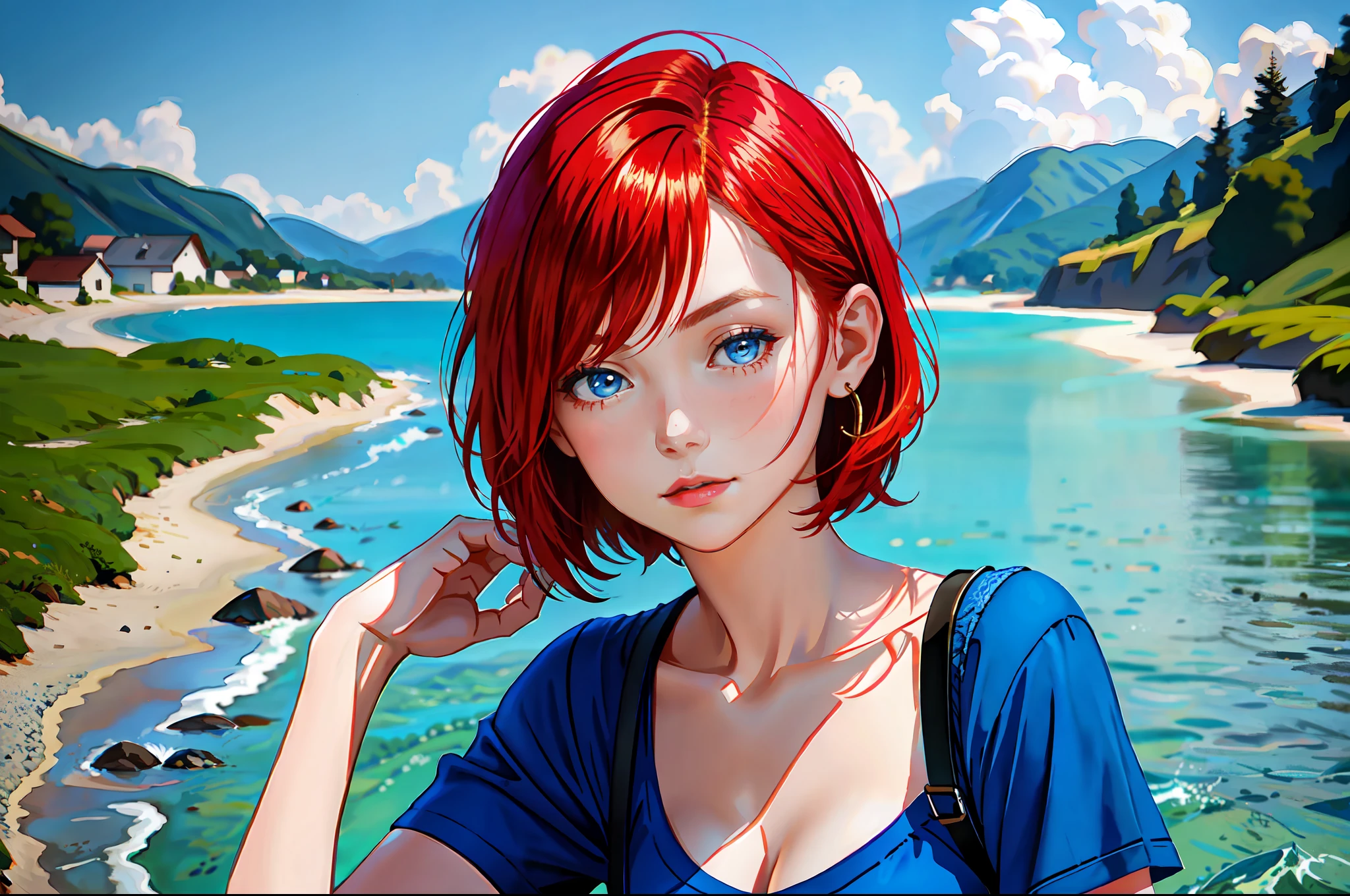 there is a young woman with a short hair and a blue shirt, a redheaded young woman, perfectly centered portrait, 7 0 mm portrait, red haired young woman, 4 k asymmetrical portrait, head centered portrait, landscape