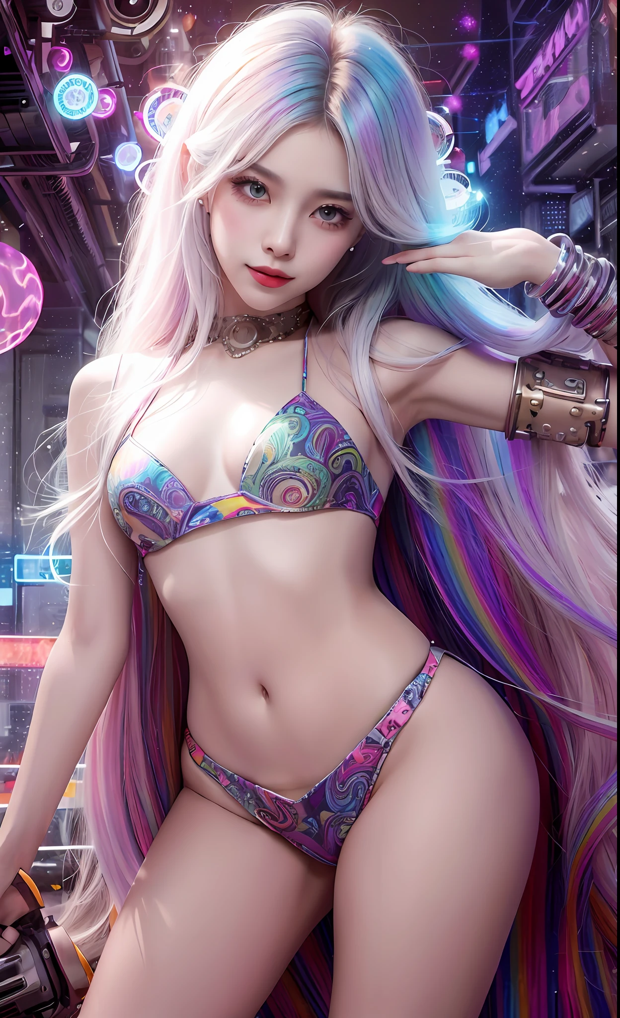 Masterpiece, Best Quality, Girls, Slender, Rainbow Colored Eyes, Hair Color, Rainbow Color, Long Hair Spreading, White Skin, Medium, Pretty, Sexy, Halo, Near Future, Bikini, Too Exposed Skin, Psychedelic, Trip, Highly Colored, Paisley, Highly Colored, Cyberspace, Cyberpunk, Disco, Mirror Ball, Buddhism, Mandala Themes, Open Legs, Eyeshadow, False Lashes, Blushing, mechanical left arm, smile, whole body