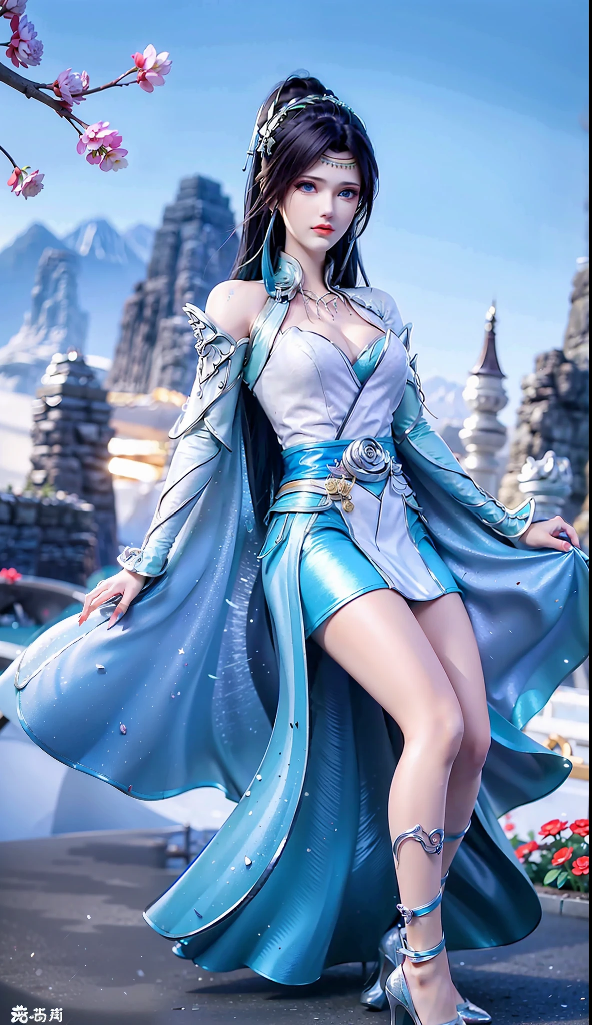 best qualtiy，tmasterpiece，Extremely Delicately Beautiful，The is very detailed，CG，unified，8k wallpaper，Beautiful Meticulous Girl，（very vey very detailed face），beatiful detailed eyes，
1girll，独奏，Background with，（Miniskirt skirt：1.3），Master shots，Background under dusk park，Sunset view，There is a tree with long legs and flowers，cropped shoulders，Bigchest，high-heels，Long white socks，Sit on a flower bed