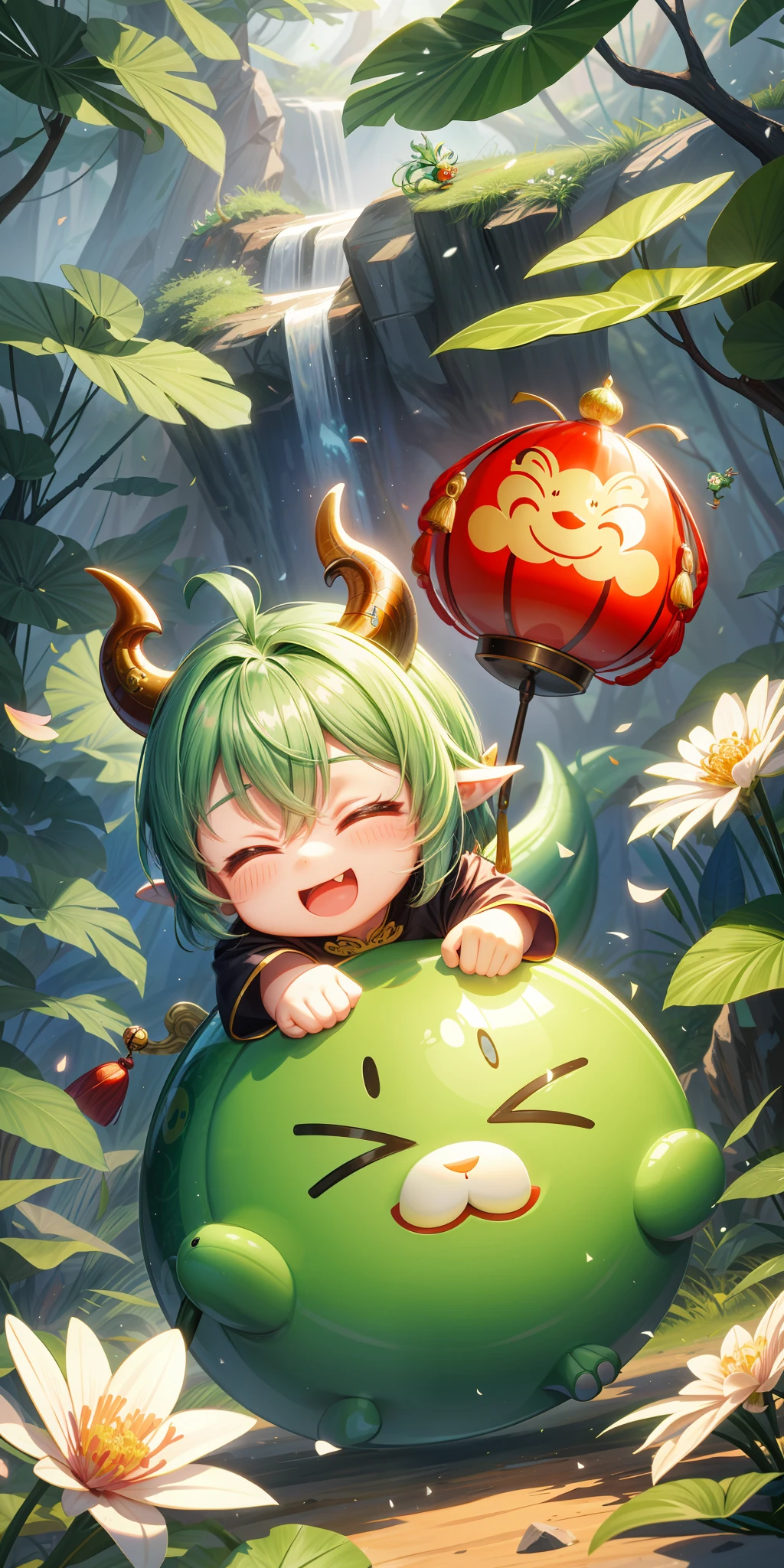 A small, cute and cute chinese dragon, it is jade green, has 2 small horns, is playing happily in the spring forest full of life. happy dragon, dancing, flying