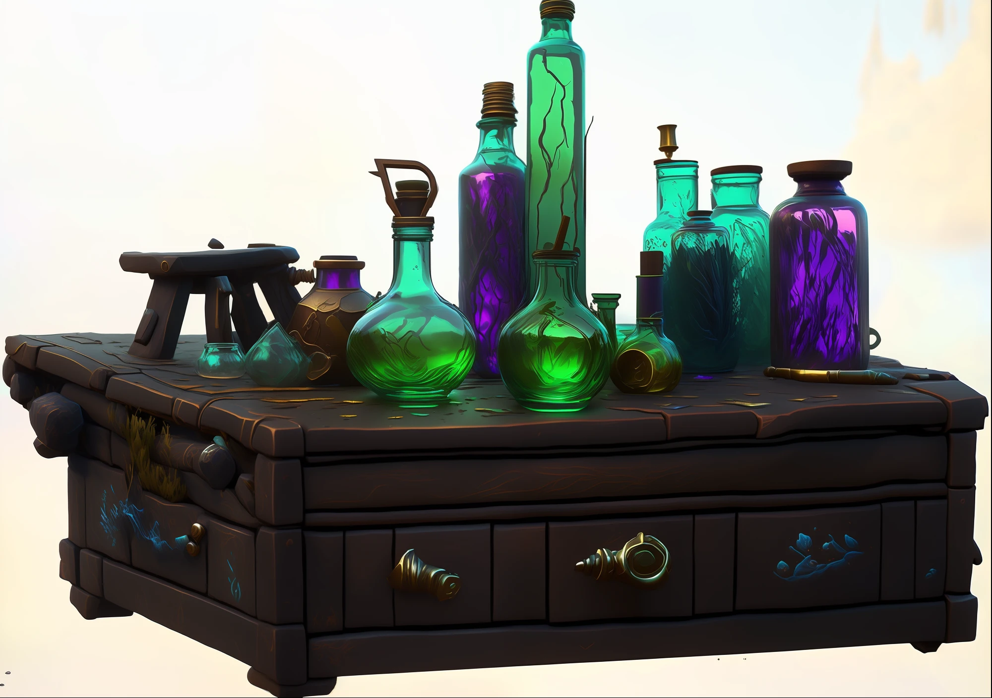 There are a lot of glass bottles on the table，It contains potions of different colors。, magic lab background, magic laboratory setting, fantasy alchemist laboratory, Magic potions, potion, magical potions, glowing potions, wizards laboratory, alchemist bottles, alchemist lab, alchemy laboratory, potion, mysterious laboratory, alchemist library background, potion belt, in a potion shoppe, Magical items, making a potion，8K quality，Beautiful hand-painted details
