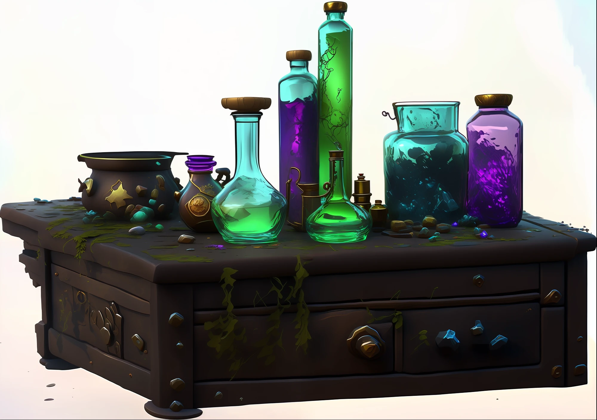 There are a lot of glass bottles on the table,It contains potions of different colors。, magic lab background, magic laboratory setting, fantasy alchemist laboratory, Magic potions, potion, magical potions, glowing potions, wizards laboratory, alchemist bottles, alchemist lab, alchemy laboratory, potion, mysterious laboratory, alchemist library background, potion belt, in a potion shoppe, Magical items, making a potion,8K quality,Beautiful hand-painted details