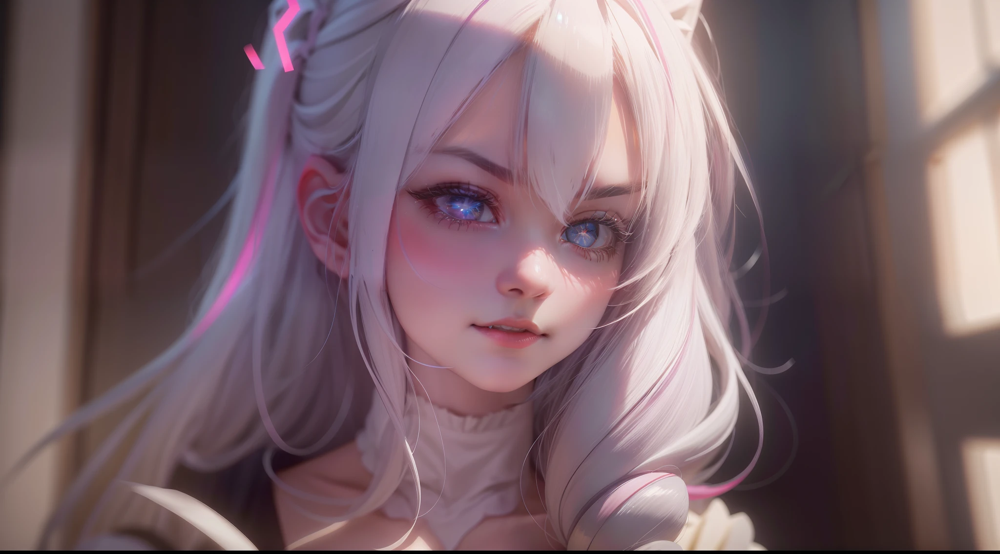 hair bobbles, longeyelashes, ear blush, fang, drill hair, hairpods, sleepy, light blush, facing another, white hair, long hair, Surrealism, drop shadow, anaglyph, stereogram, tachi-e, pov, atmospheric perspective, cinematic lighting, chiaroscuro, 8k, super detail, ccurate, best quality, UHD, highres, best quality