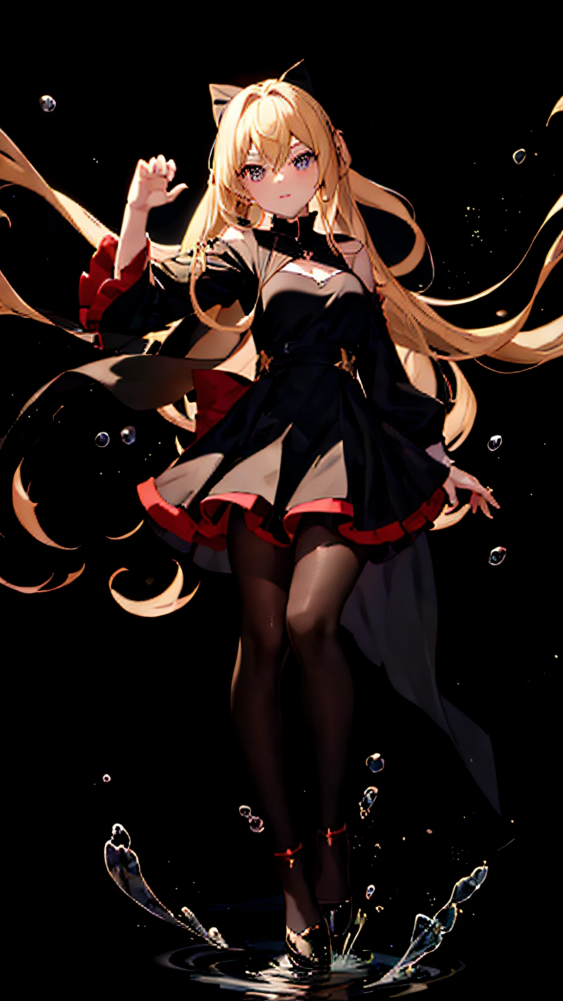 Anime girl wearing black dress，Long blonde hair and black cape，cute anime style，Energetic gesture，beautiful costume，An innocent expression，red bow，The art of splashing water，Abstract background，An anime goddess-like existence。