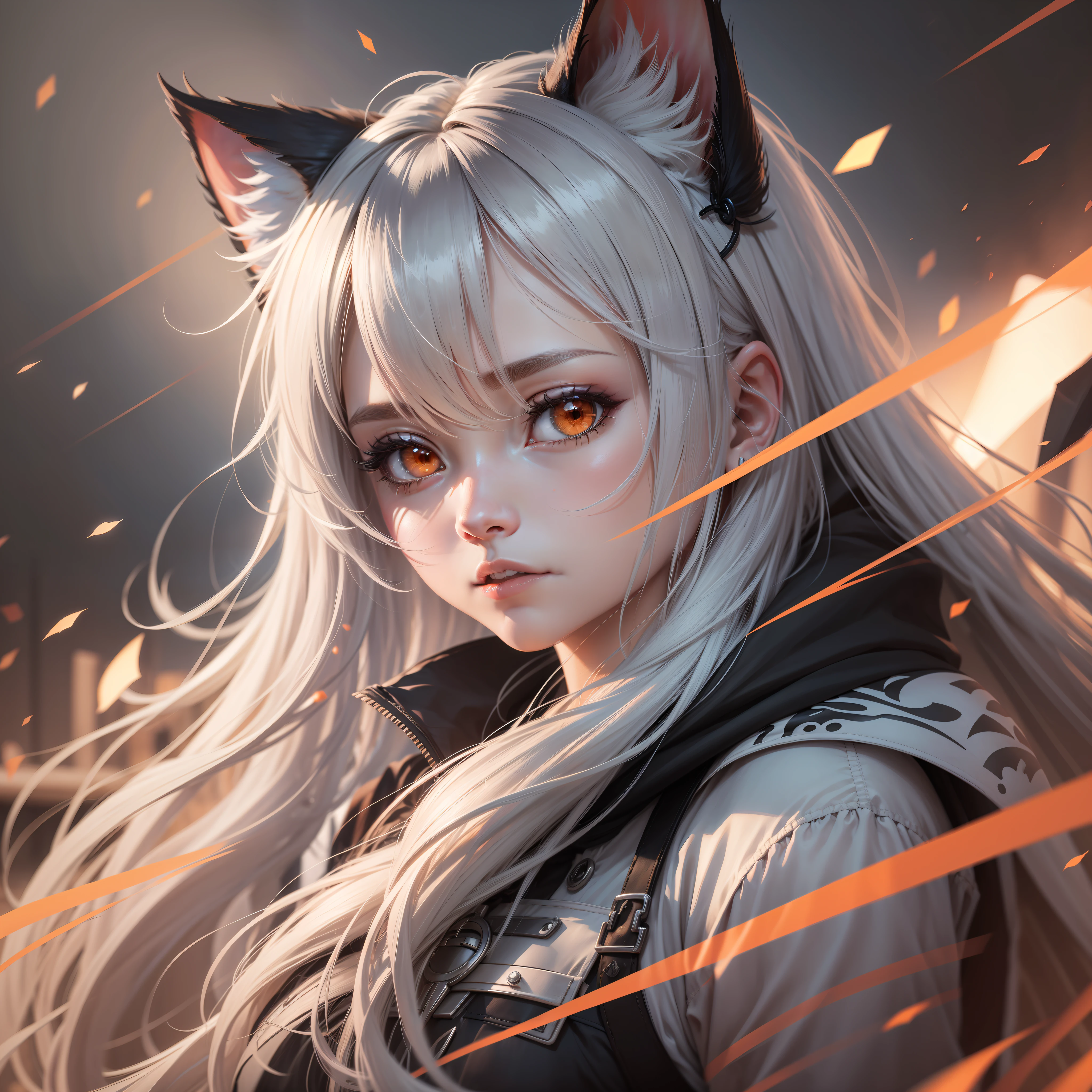silver hair, ahoge, long hair, bell, orange eyes, cat ears, one girl, anime, anime style, motion blur, chiaroscuro, UHD, masterpiece, high details, high quality, highres, 8k