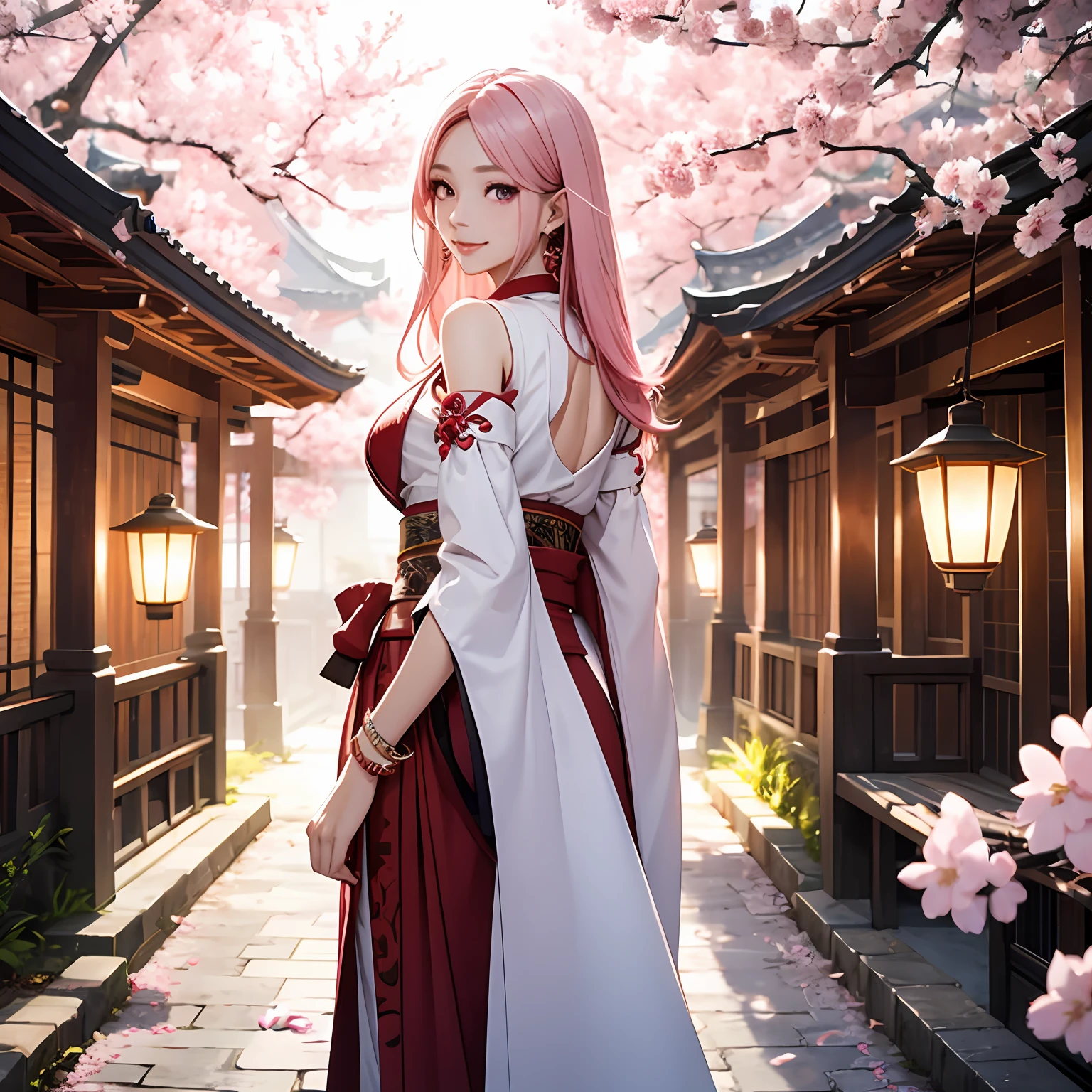 (ulzang-6500-v1.1:0.4)1girll, Kpop idol, Yae Miko, Detached sleeves, Pink hair, Long hair, Best quality, (Photorealistic:1.2), (hair adornments:1.35), jewelry, Purple eyes, Earrings, Large breasts, Torii, Cherry blossoms, Lantern light, Depth of field, Detailed face, Face focus, (view the viewer:1.25), Shiny skin, Long sleeves, Smile, Thick lips, Game CG, upper legs, east asian architecture, The background is blurred out, full body, arms back behind,with hands behind her back,