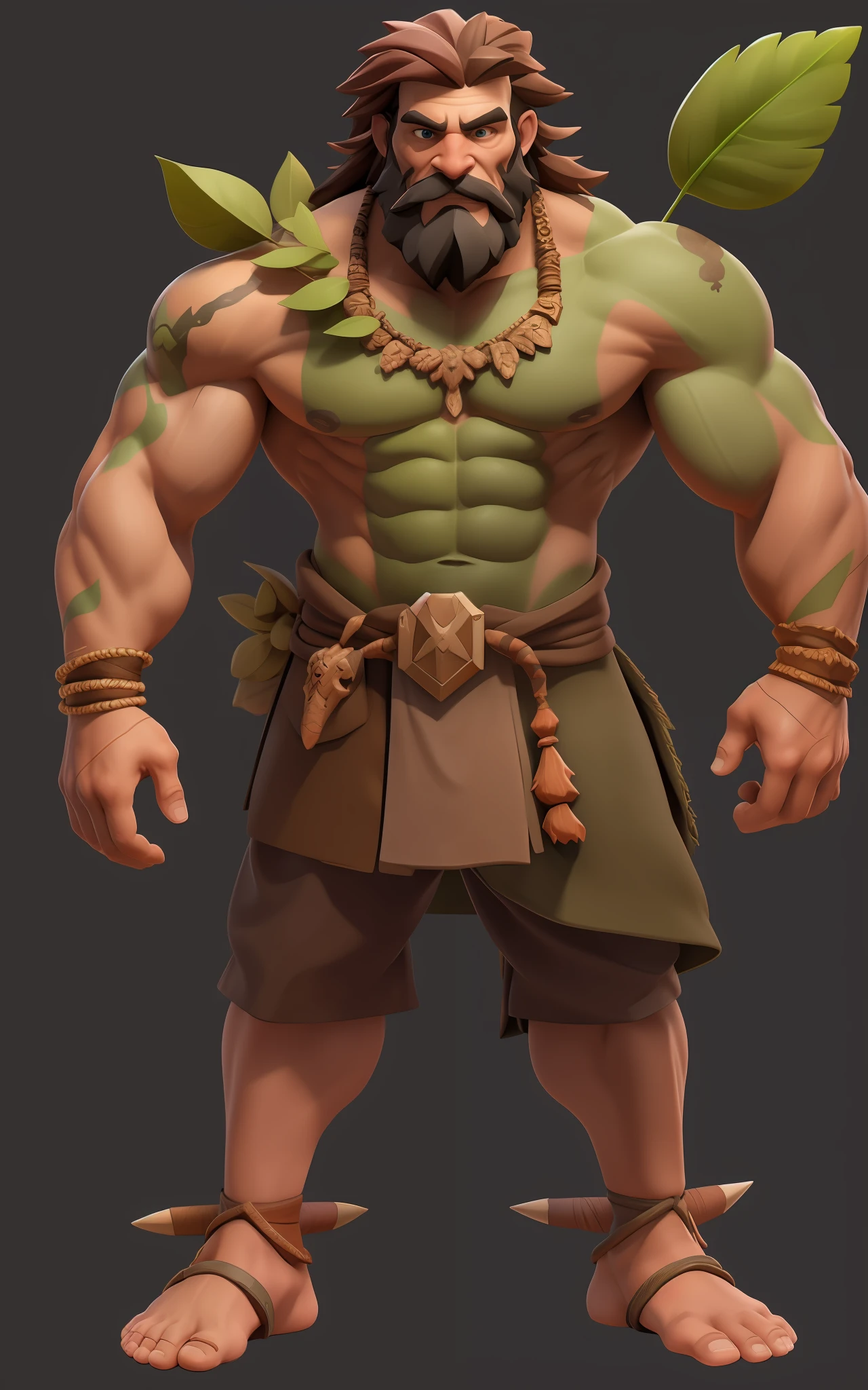 1 Savage Boy，Full body like，Stone Age，Cartoon 3D model rendering，Primitive barbarian style，（Skinny archer，green leaf garnish，gnome，Clash Royale style，low poly），highly details eye，（large anime eyes），详细的脸，Ivory decoration，Nature, wild hairs, Bones make weapons，Fantasy setting，Full body standing painting，white backgrounid，character concept, character art, Character portrait，tmasterpiece，best qualtiy，Best resolution，8K，3Drenderingof，unreal-engine，Ray traching