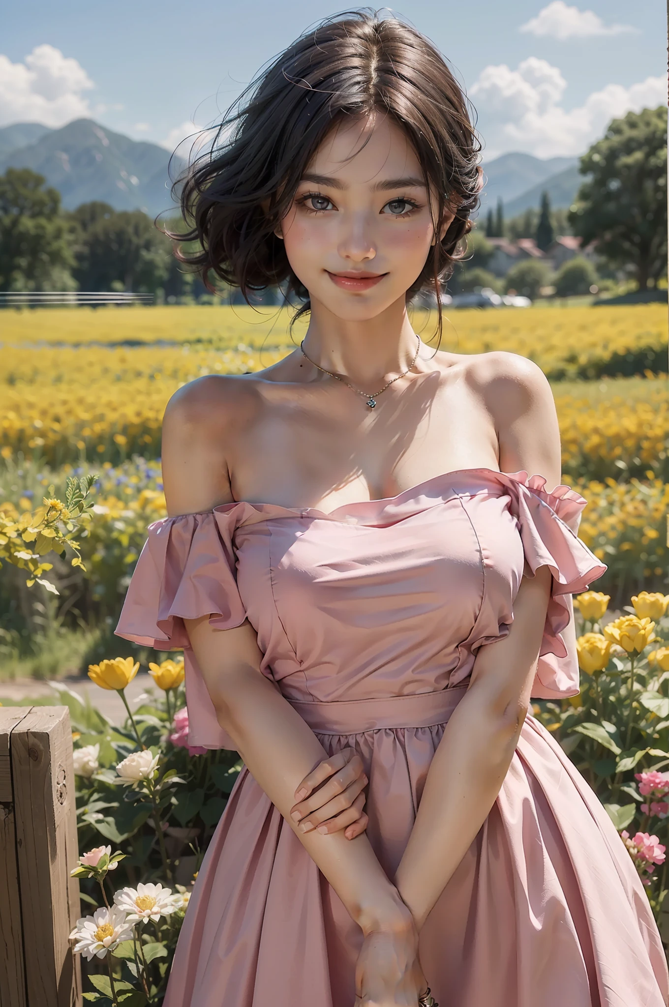 top-quality、masterpiece、超A high resolution、(Photorealsitic:1.4)、Raw photo、女の子1人、Colossal tits、pink dress、off shoulders、flower field、glistning skin、lightsmile
