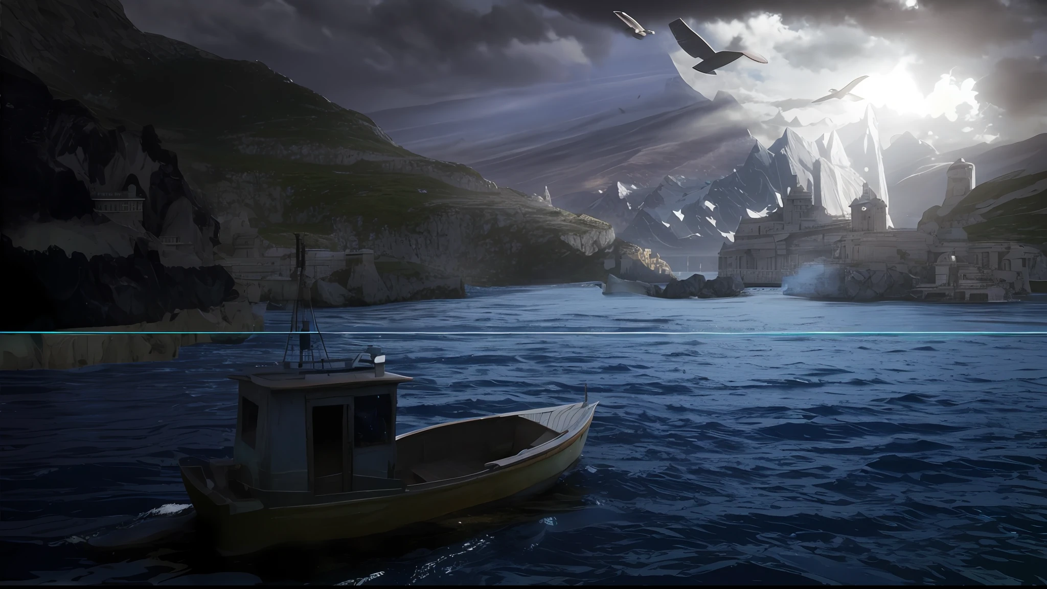 there is a boat in the water with a mountain in the background, 3d rendered matte painting, illustration matte painting, 3 d render and matte painting, 3d matte painting, detailed matte painting, matte painting with high detail, matte sharp painting, highly detailed matte painting, matte painting comic book art, hyperdetailed 3d matte painting