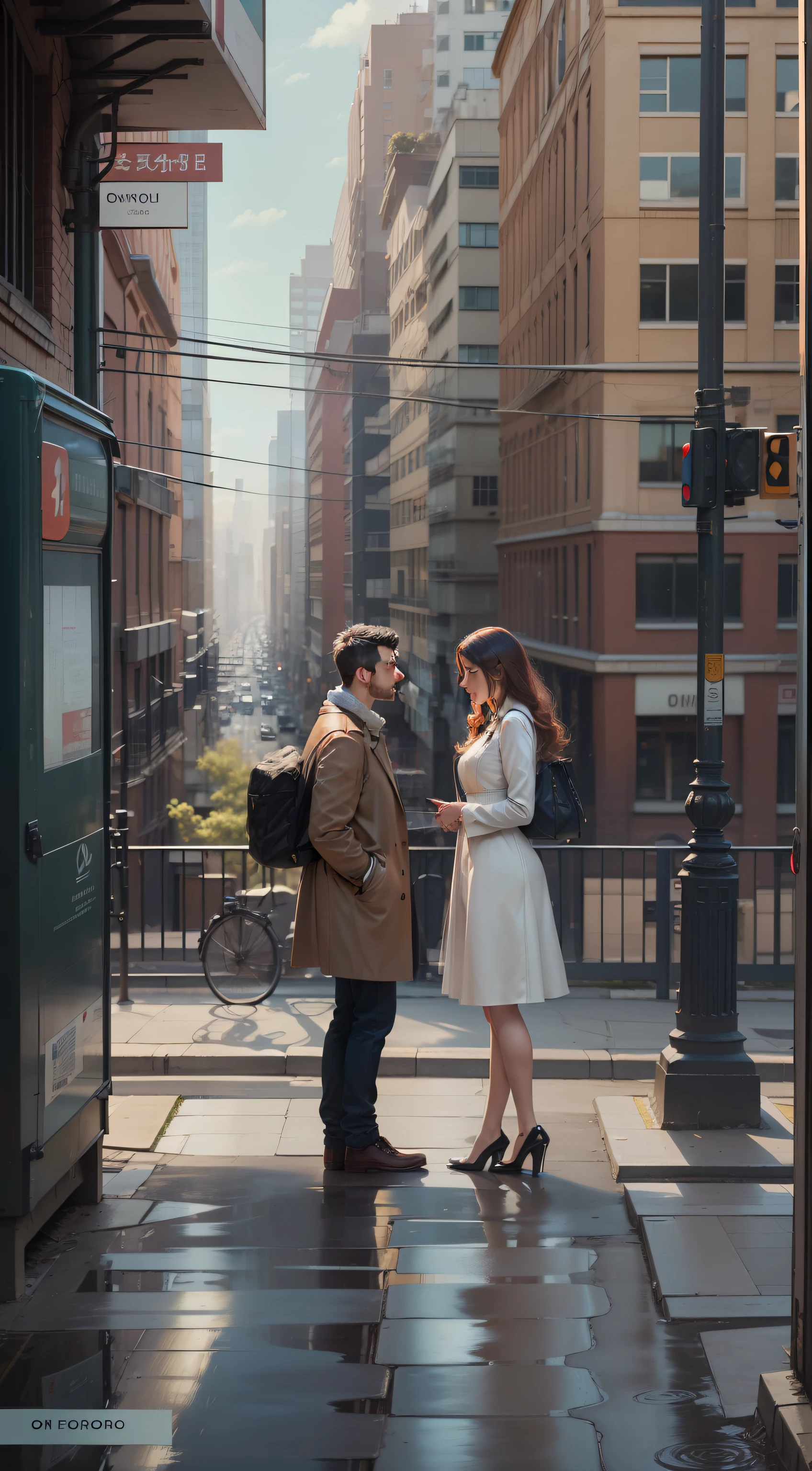 novel cover,A man and a woman looked at each other,urban backdrop,